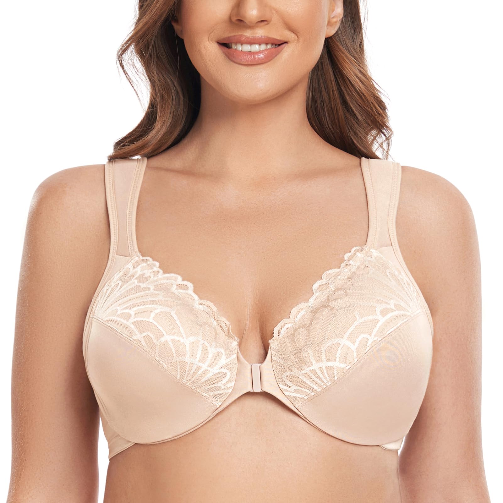CASOLACE Women's Sexy Lace Plus Size Underwired Unlined Front Fastening Bras Pale Nude 44C