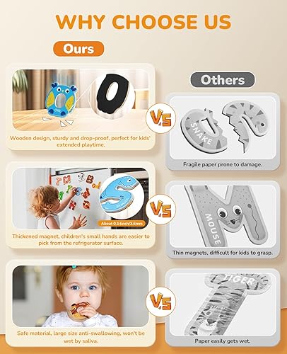 Miniatura 4 de JoyCat Imanes de madera gruesos del alfabeto para nevera, tamaño grande, lindo animal, colorido ABC, letras magnéticas, 26 letras mayúsculas, juego