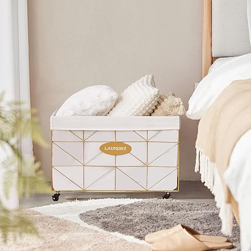 Miniatura 2 de Mxfurhawa Cesta de lavandería plegable con ruedas, capacidad de 65 litros y forro extraíble, marco de metal resistente para almacenamiento y