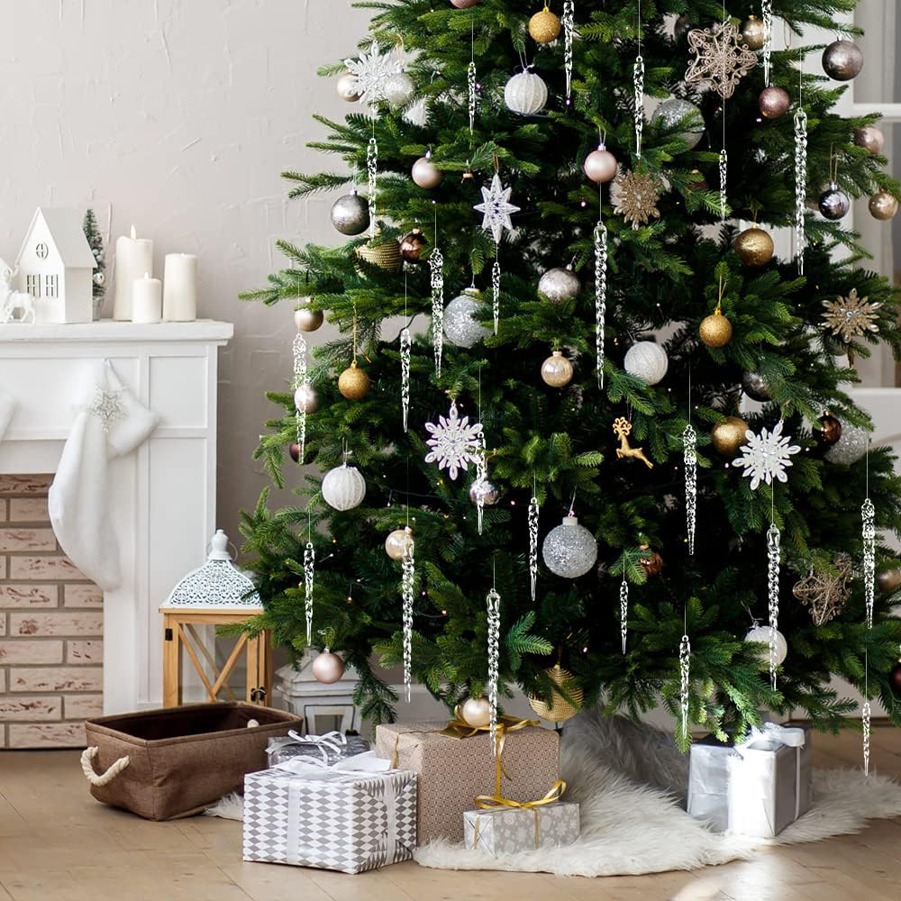 DULEFUN 24pcs Christmas Tree Crystal Decorations 4 Styles Clear Acrylic Xmas Tree Icicle Hanging Ornaments for Christmas New Year Holiday Wedding Winter Party Decor