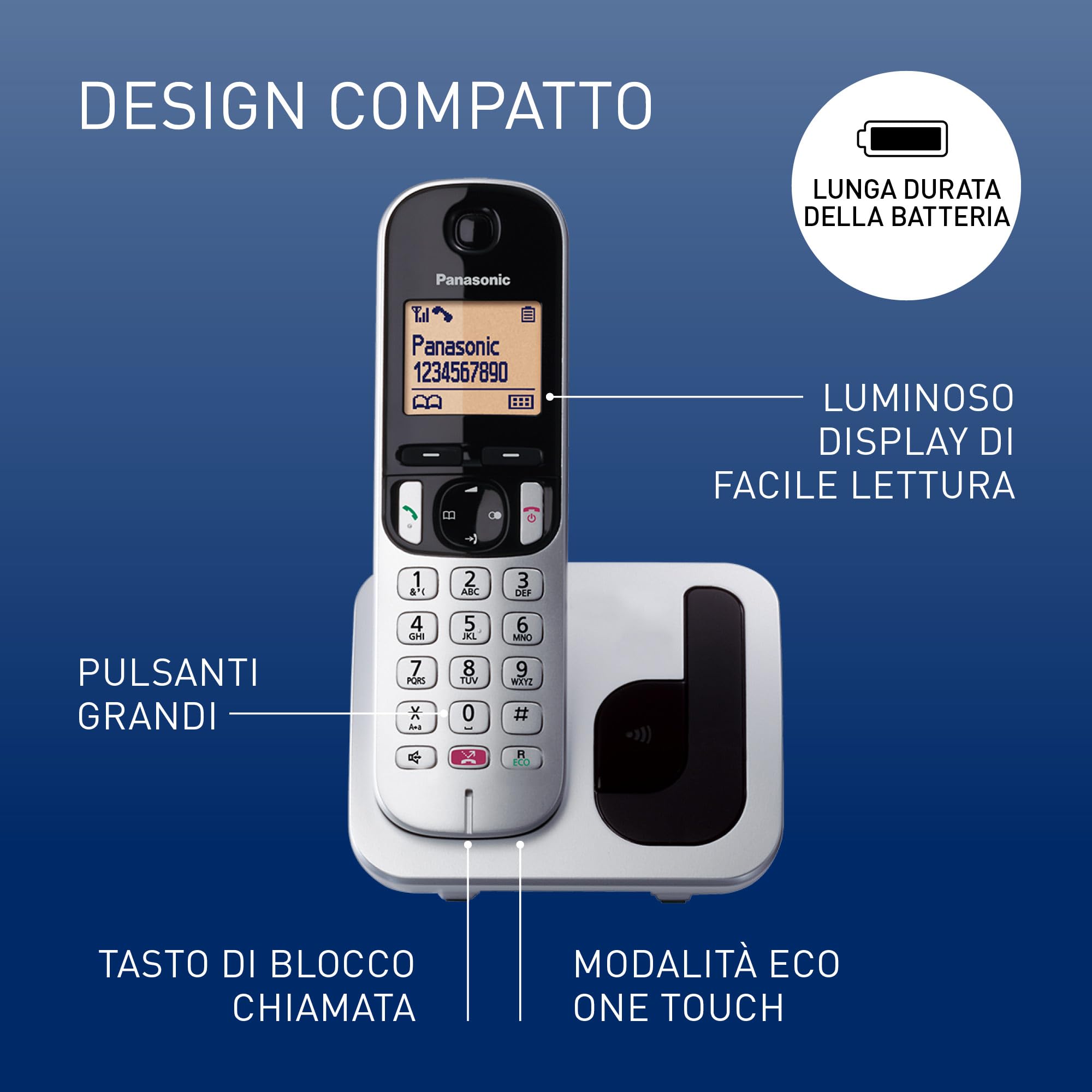 Panasonic KX-TGC250JTS Telefono Cordless Digitale, Unità Base e Ricevitore Singolo, ID Chiamante, Blocco Chiamate Indesiderate, Vivavoce, Modalità Eco One Touch, Sveglia Evoluta, Display LCD, Argento