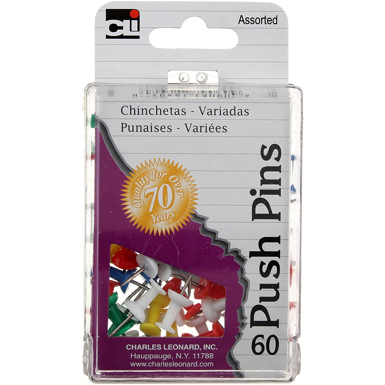 Amazon.com: Charles Leonard Push Pins in Reusable Box, Assorted