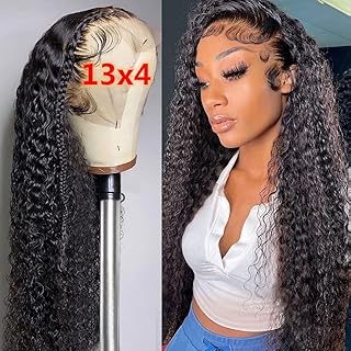 Kiss Love Deep Wave Lace Front Wigs Human Hair 13x4 Curly Lace Front Wigs Human Hair for Black Women Brazilian Deep Wave Frontal Wig with Natural Baby Hair Natural Color (28Inch)