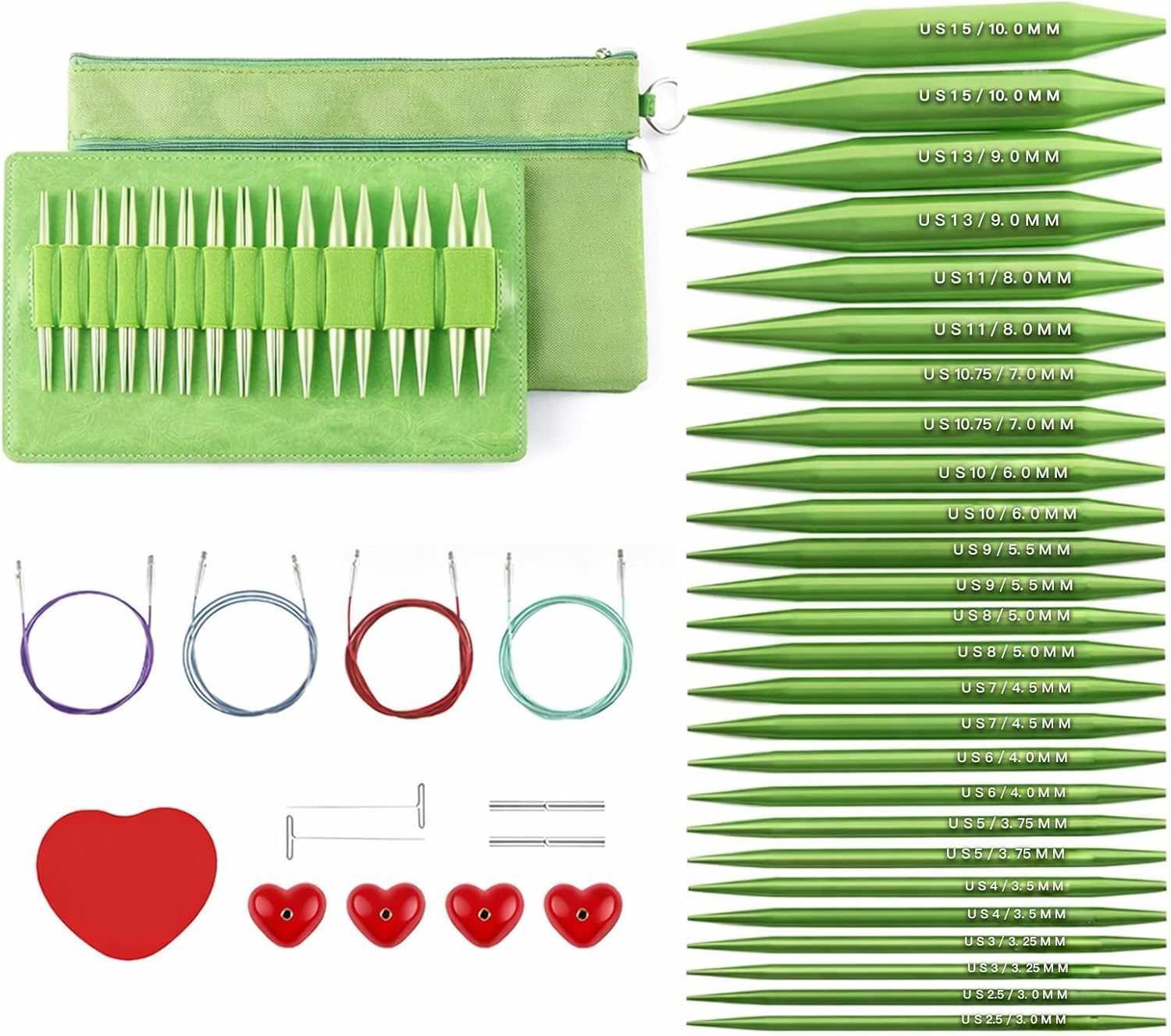 Persevere Interchangeable Knitting Needles Set, 13 Pairs Aluminum Tips 3-10 mm with 4 Cables & Case, Smooth Joints, for Beginner & Advanced Knitters, DIY Crafts, Green