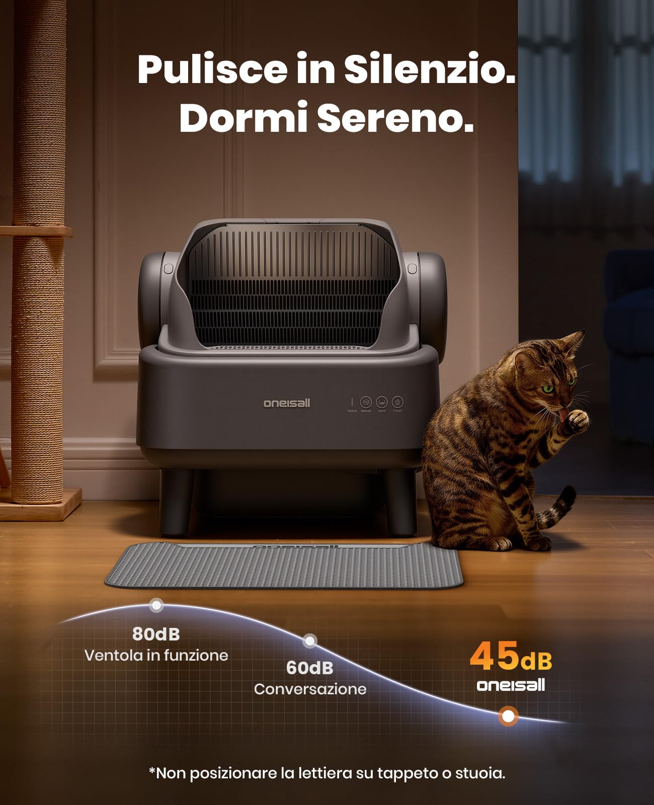 oneisall Lettiera Gatto Autopulentecon sistema EaseClean™, Lettiera Autopulente per Gatti XXL per gatti grandi, griglia in acciaio inox, modalità automatica e manuale, incl. Tappetino e 40 Sacchetti