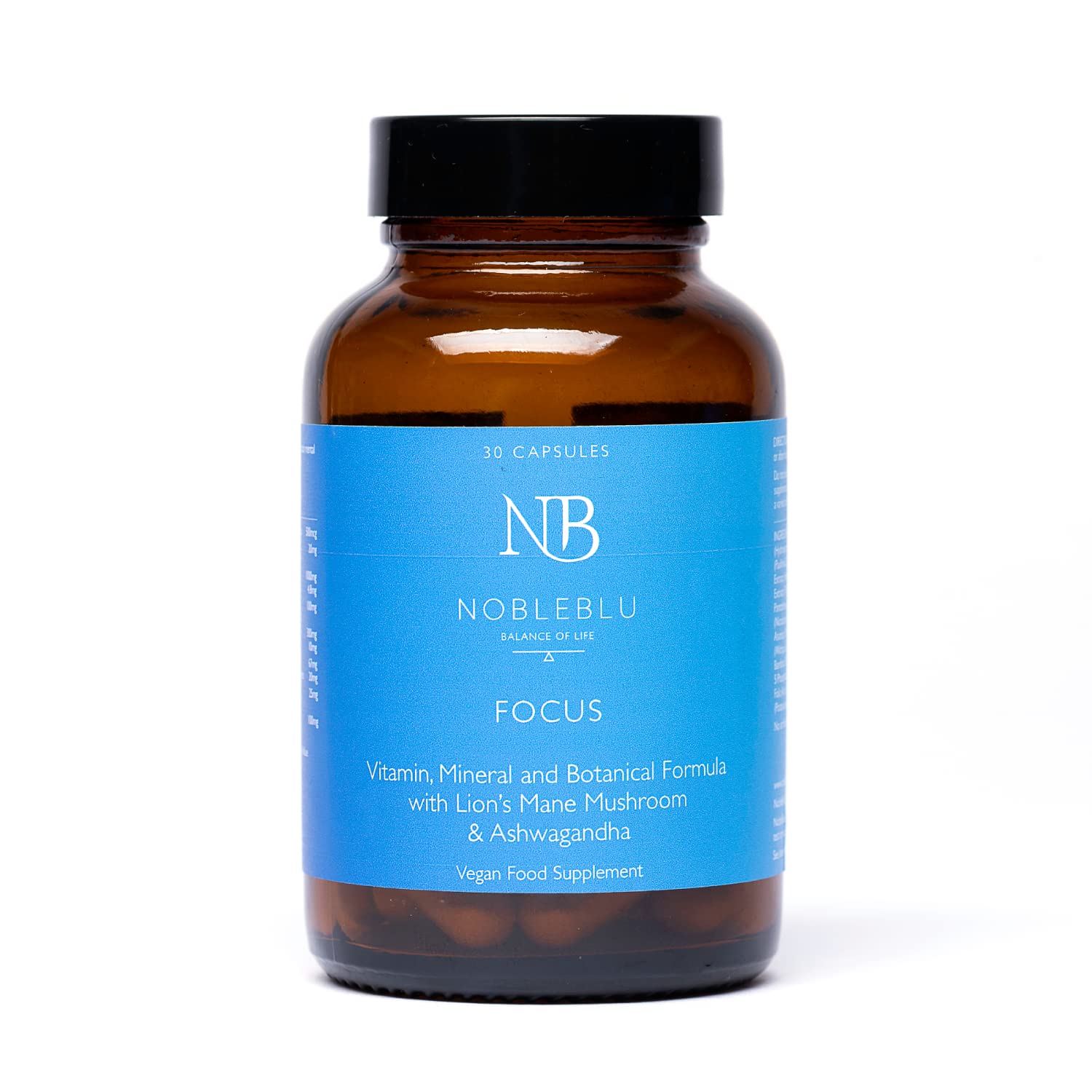 NobleBlu Focus | Daily Multivitamin Tablets for Focus with Ashwagandha, Ginkgo Biloba, Zinc, Vitamin B Complex with Vitamin B12 | Natural Vegan Food Supplement | 30 Capsules, 1 Month Supply