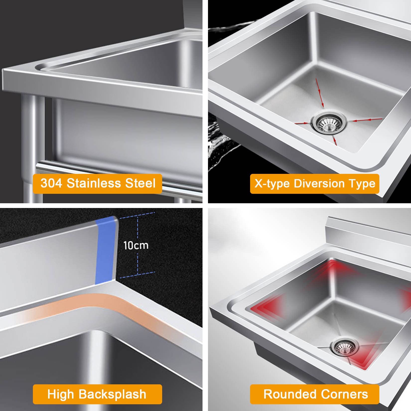 Lavandino multiuso, autoportante in acciaio inox con supporto e rubinetto, perfetto per cucina, ristorante, lavanderia, garage, cortile