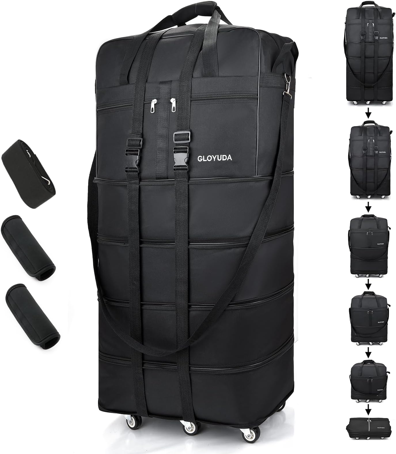 GloyudaExpandable Foldable Luggage, 42'' Suitcase With Spinner Wheels, Rolling Duffle Bag with Wheels and Handle, Collapsible Luggage With 2 Handle Wrap and 2Fixing Straps1Shoulder Strap (Jet Black)