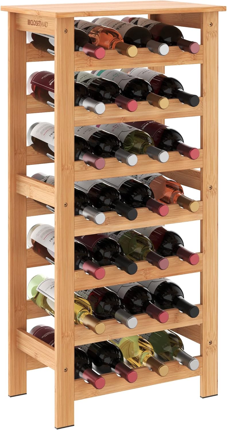 ClosetMaid 28 Bottle Standing Floor Wine Storage Rack Tower with Top Shelf, Bamboo Wood