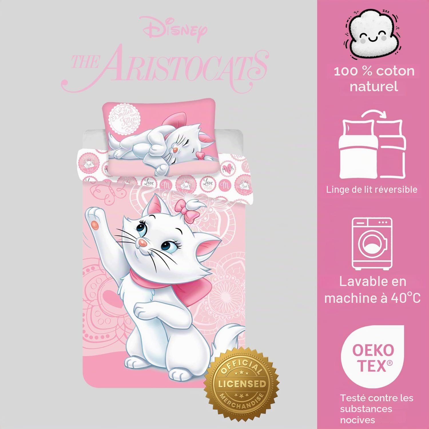 Marie Aristochats Parure de lit pour bébé 100 x 135 cm + 40 x 60 cm
