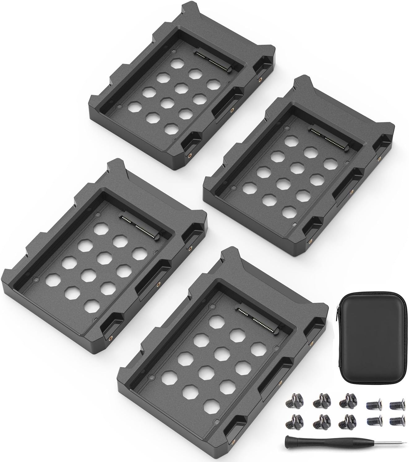 2.5" SSD to 3.5" SATA Hard Disk Drive Adapter ABS SSD Mounting Bracket Kit 4 Pack Internal Drive Bay Converter Hard Drive Caddy Case Tray SSD Holder HDD Cage with Portable Bag Hot Swap Plug