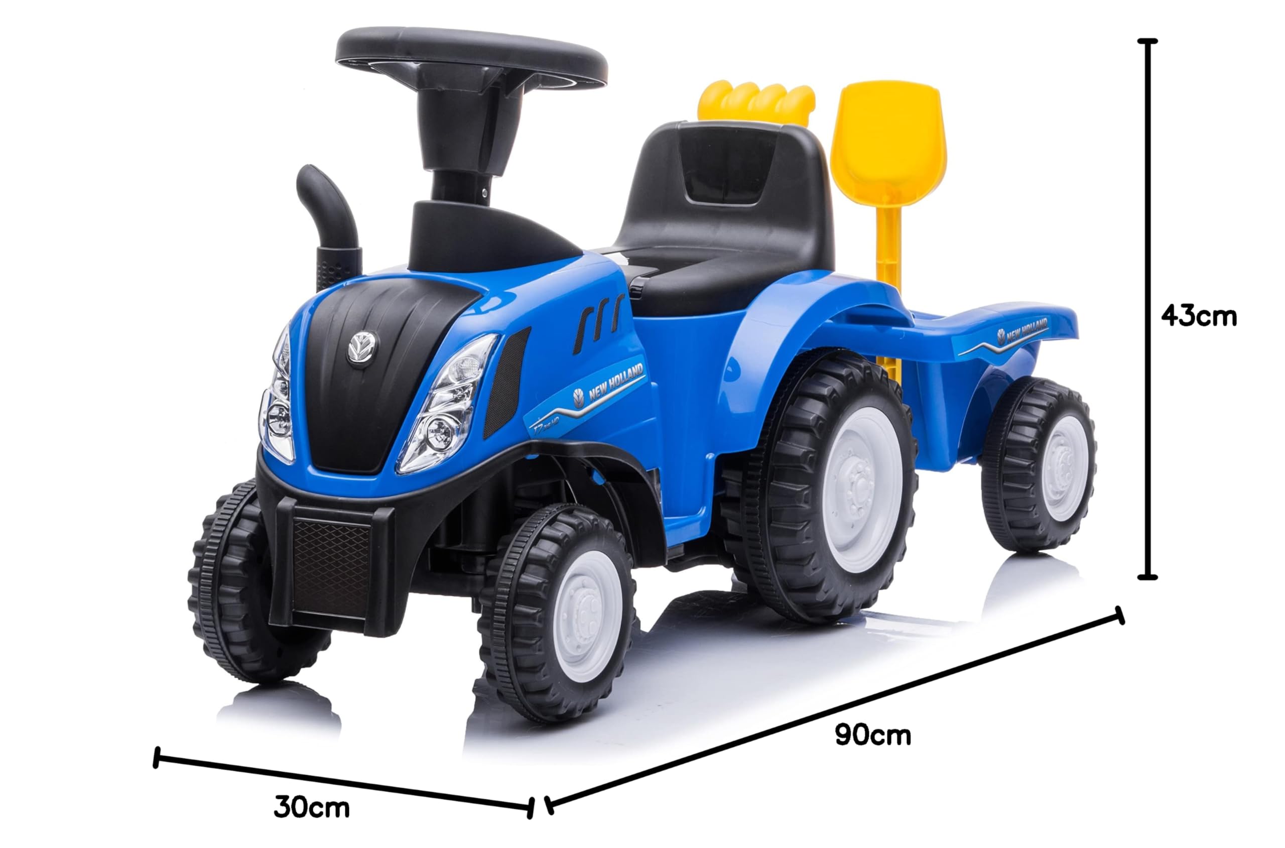 sun baby Macchinina Cavalcabile per Bambini licenza New Holland, Macchina a spinta da 12 mesi, licenza, pala e rastrello, clacson, suono del motore (Blu)