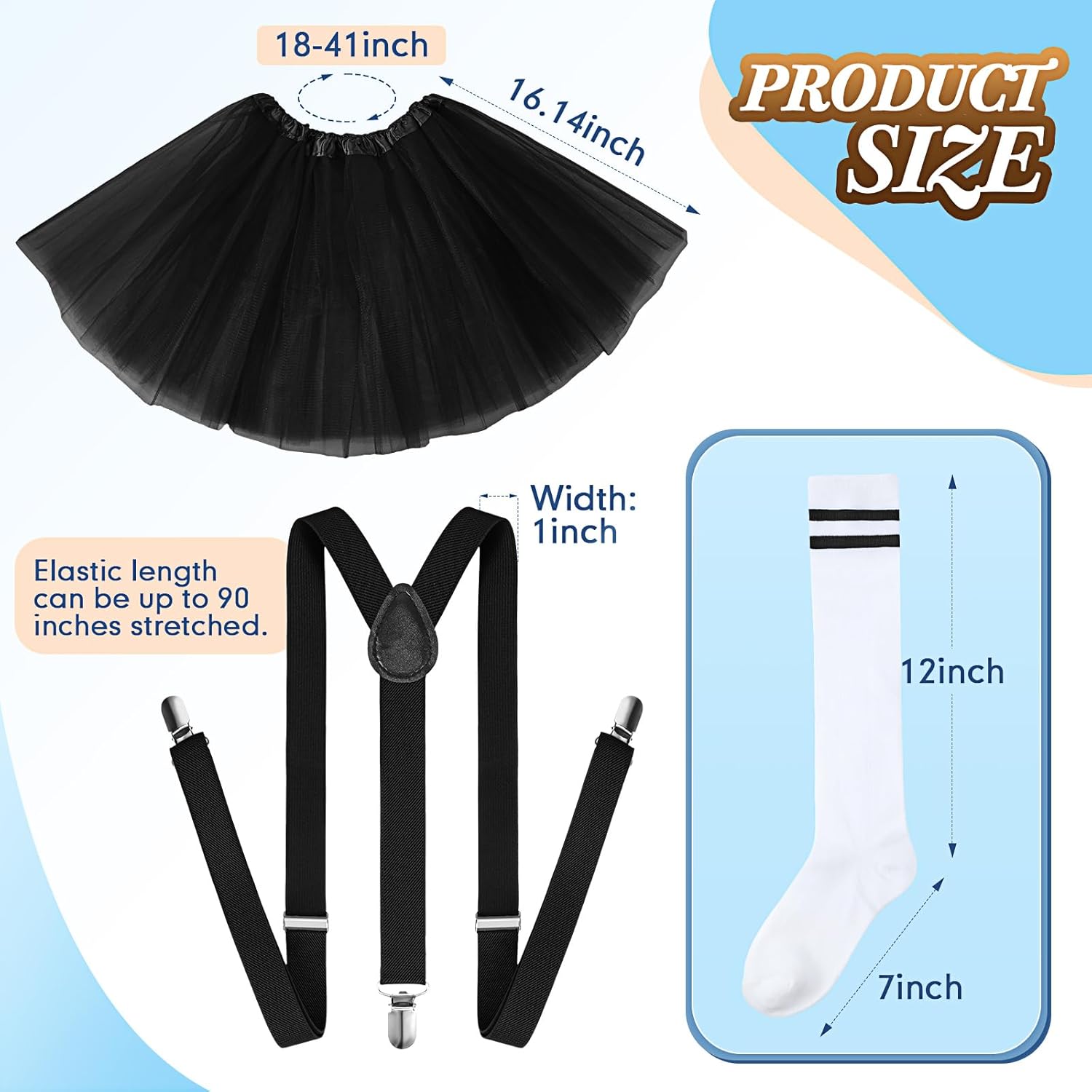 Sintege 3 Pcs Women's Tutu Costume, 5 Layered Tulle Tutu Skirt Y Back Adjustable Elastic Straps Striped Socks - Image 3