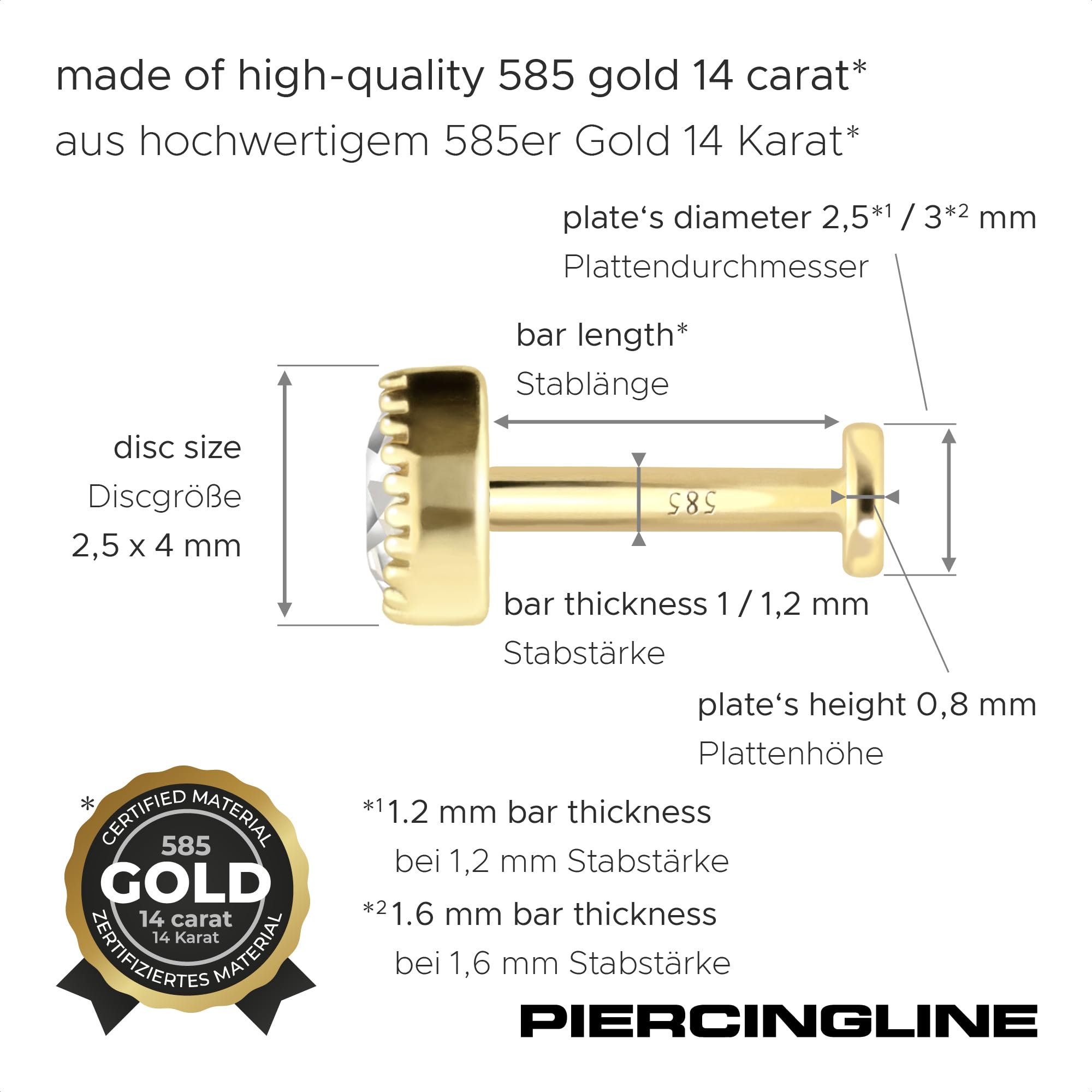 PIERCINGLINE 14 Karat Gold Labret Ohr-Piercing mit Push Fit MOISSANIT-TROPFEN