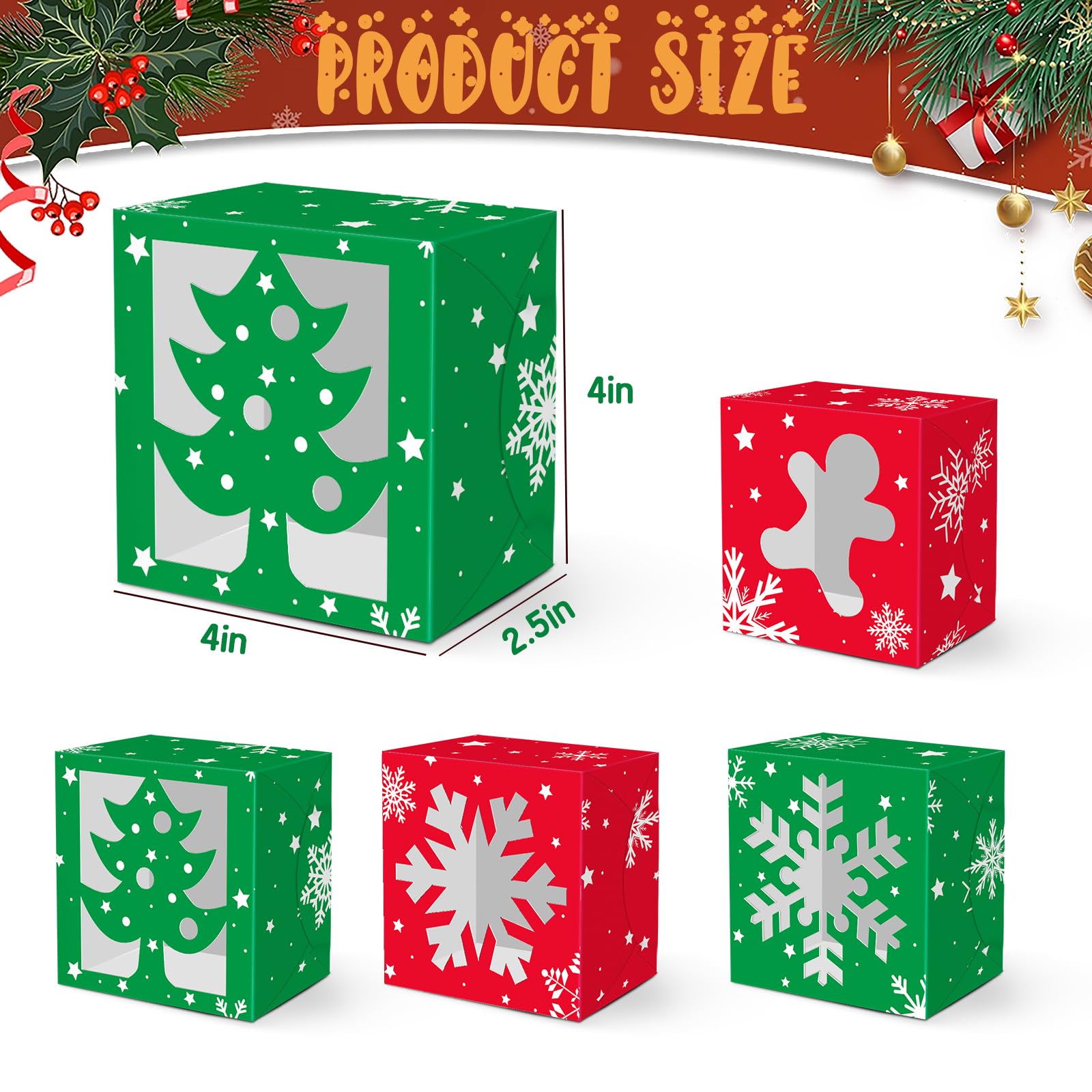 Christmas Cookie Boxes Doughnut Gift Boxes Bakery Box With Clear Window,Green And Red Holiday Designs With Xmas Ribbons For Gift - 15