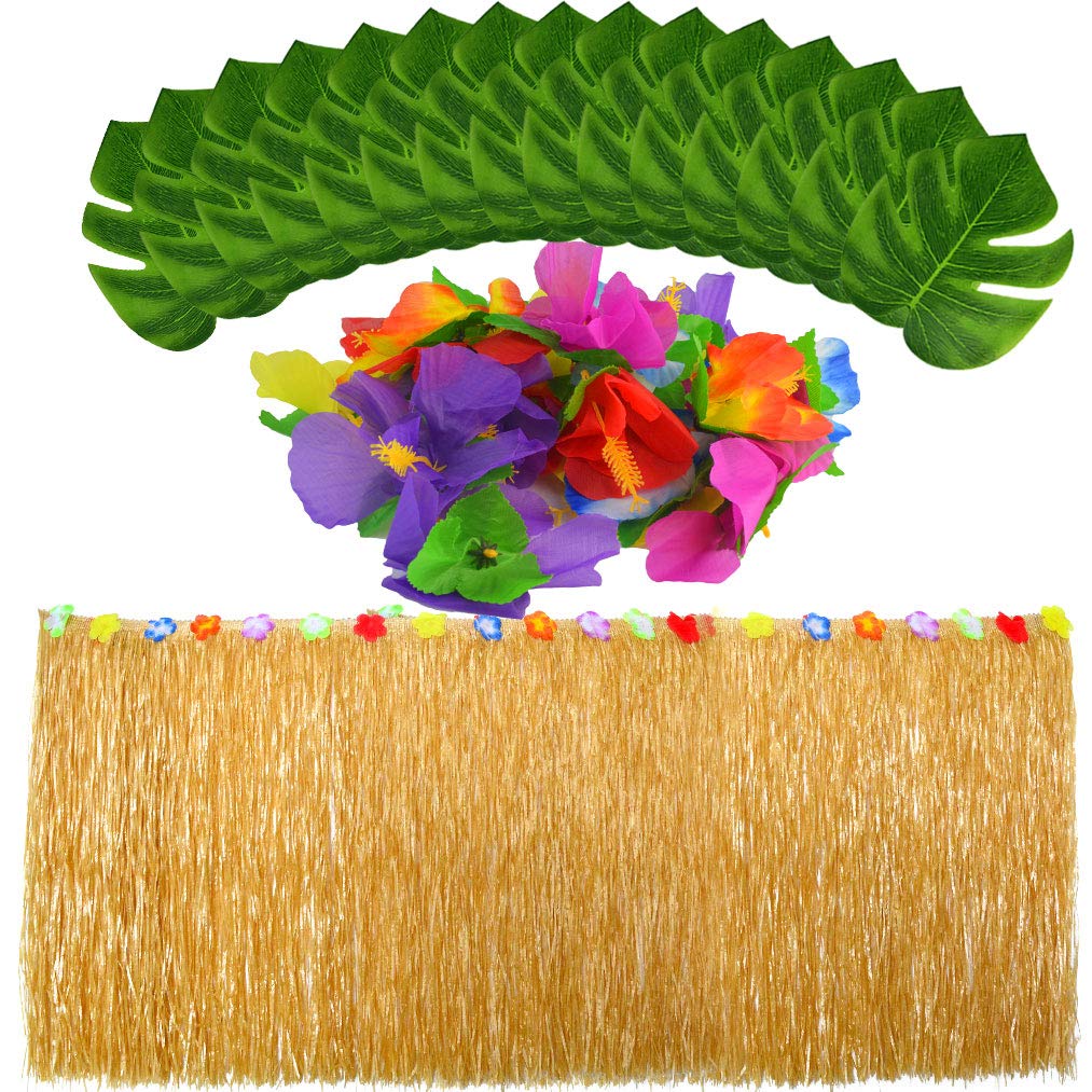baotongle Hawaii Luau Table Skirts with Artificial Palm Leaves Tropical Flowers Garden Beach Summer Tiki Party Decoration