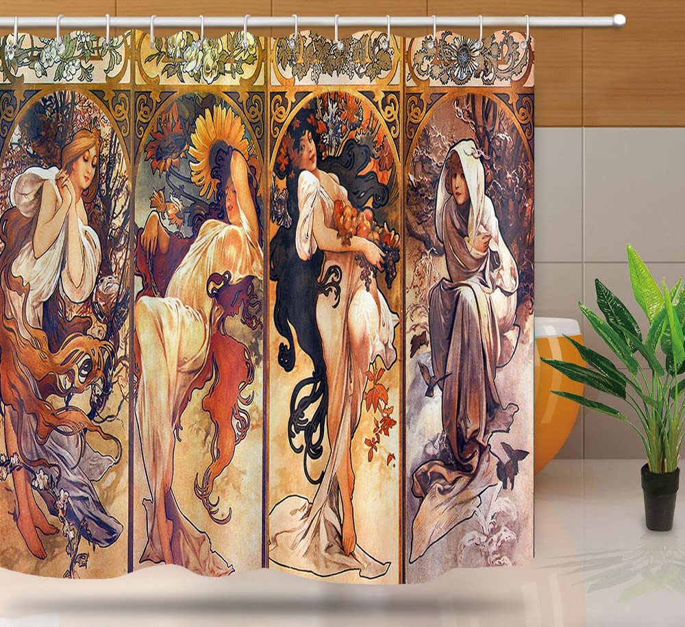 NTETSN Art Nouveau Lady Shower Curtain, Seasons Series Painting Fabric Shower Curtains, Woman Bath Curtain, Water Repellent Upgrade Polyester Bathroom