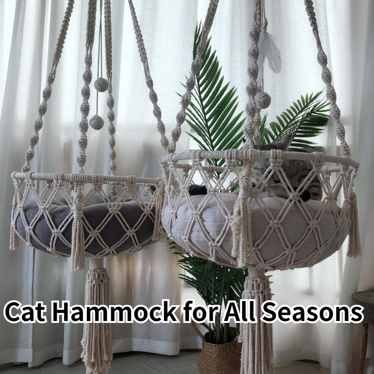 review Cat Hammock, Handwoven Hanging Boho Cat Bed for Indoor Outdoor Home Decor for Playing Sleeping Climbing and Lounging with Cushion (Large)