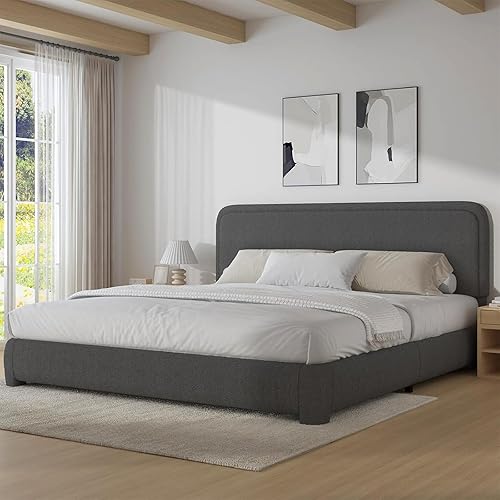King Size Bed Frame with Headboard, Boucle Upholstered Platform Bed with Wood Slats, Soft Rounded Corners, No Box Spring Required, Easy Assembly, Dark Grey