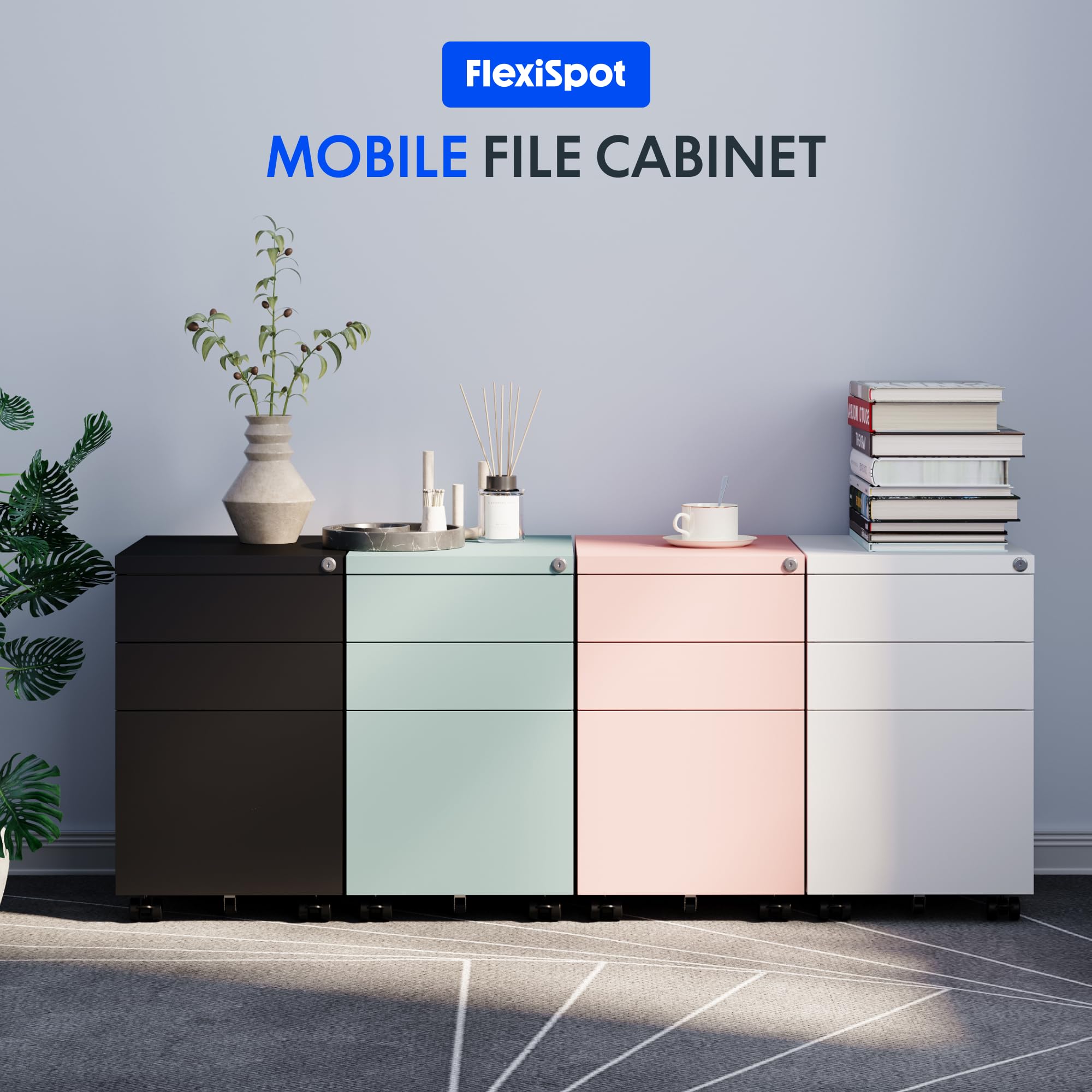 FLEXISPOT schedario con 3 cassetti, cassettiera da ufficio con ruote, armadietto con serratura e sistema anti-ribaltamento, mobiletto porta documenti per casa e ufficio, grigio blu
