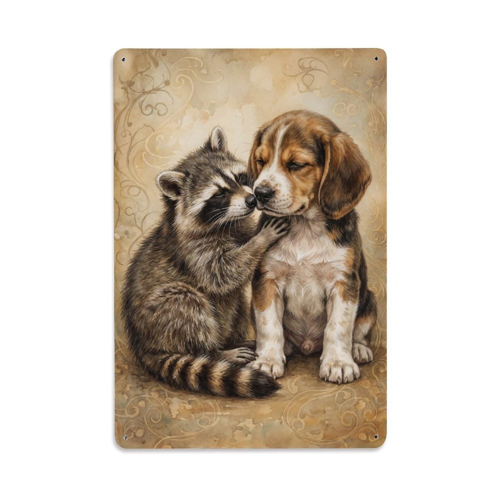 Metal Tin Sign Vintage Animal Cute Puppy & Raccoon Animal Friendship