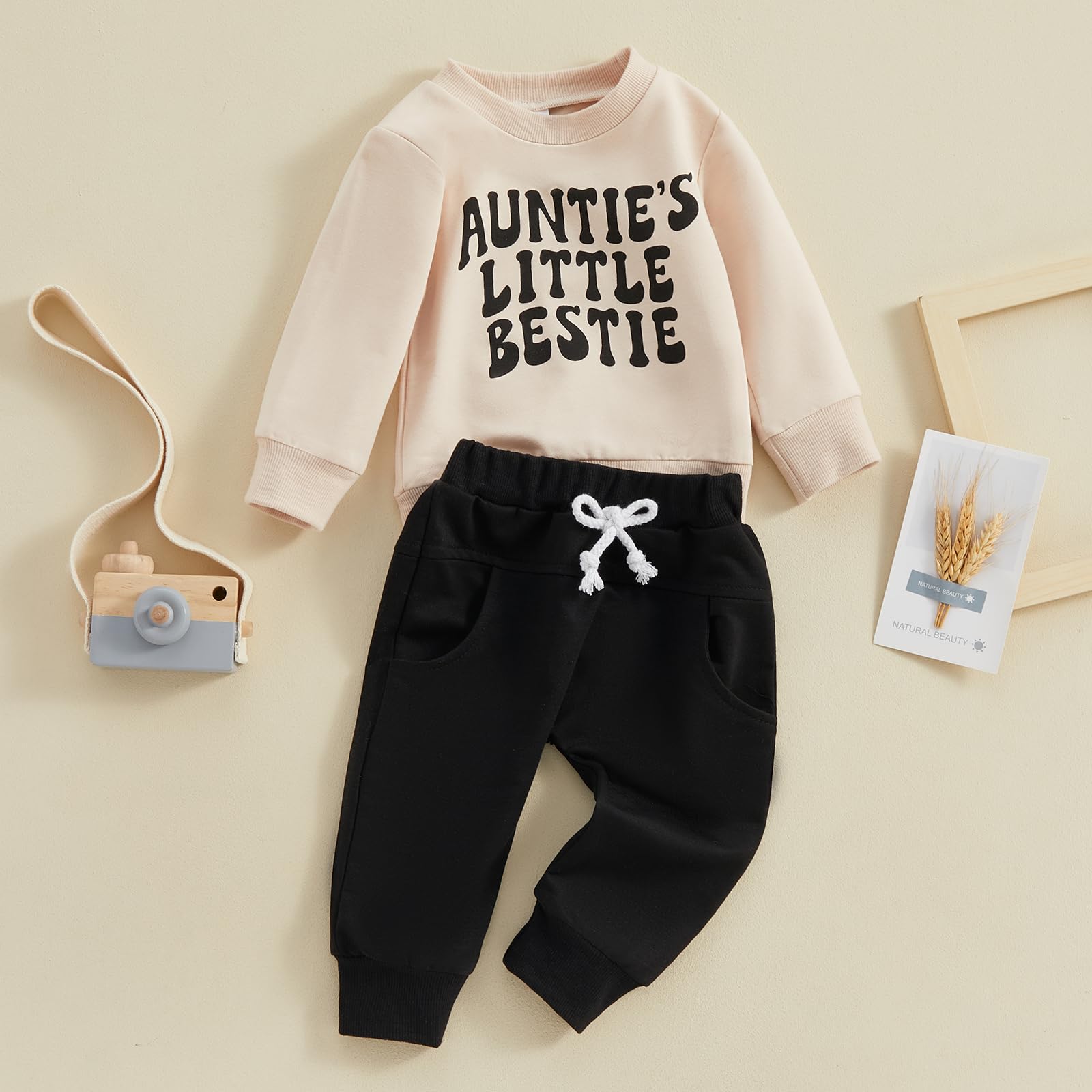 Kleinkind Baby Junge Mädchen Outfits Aunties Little Bestie Lustige Buchstaben Sweatshirt Pullover Langarm Tops Jogger Hosen Zweiteiliges Babykleidungsset