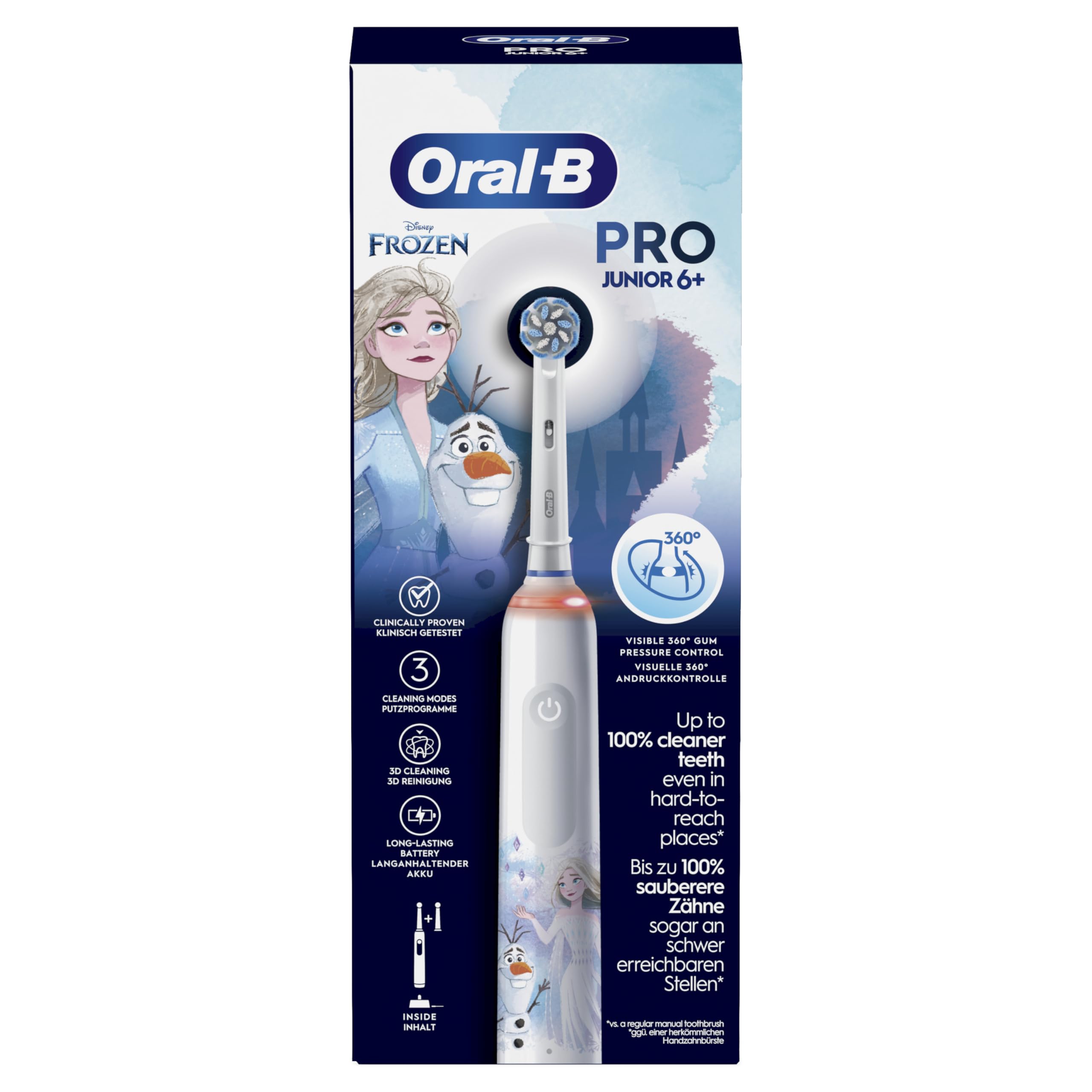 Oral-B Pro Junior Cepillo De Dientes Eléctrico Frozen Apto Para Niños Mayores De 6 Años, 1 Mango De Frozen, 2 Cabezales Suaves, 3 Modos De Cepillado y Sensor De Presión, Diseñado Por Braun
