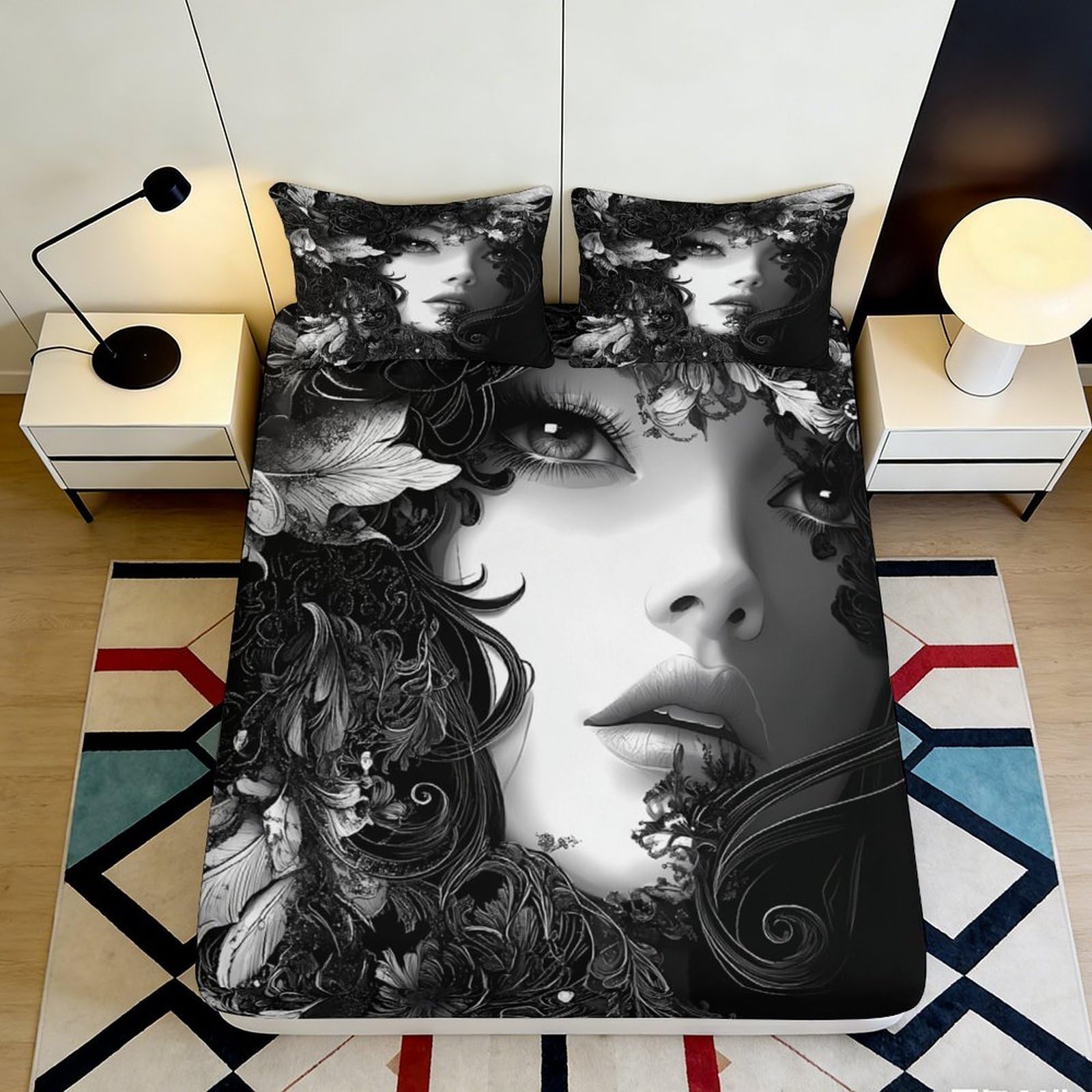 3D Printed Black and White Portrait Fitted Sheet Microfiber Deep Pocket Non-Slip Artistic Portrait Mattress Fitted Cover for Bedroom 160x200x25cm