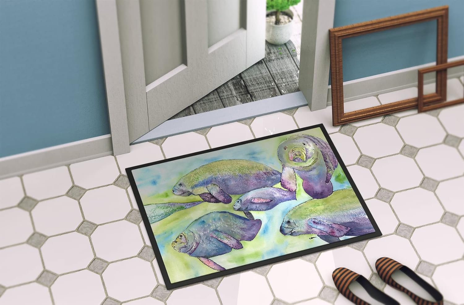 Caroline's Treasures 8544-JMAT Manatee Doormat 24x36 Front Door Mat Indoor Outdoor Rugs for Entryway, Non Slip Washable Low Pile, 24H X 36W