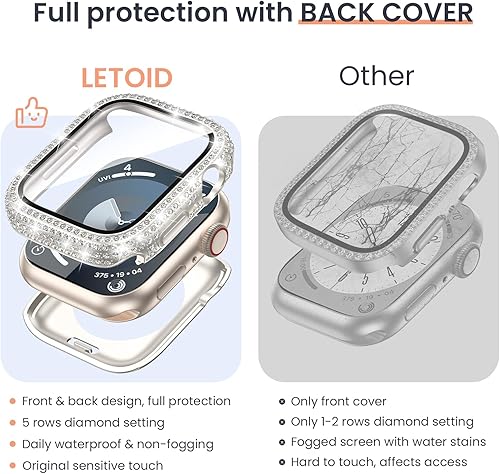 Miniatura 3 de LETOID - Funda impermeable para Apple Watch Series 9, 8, 7, 1.772 in, funda protectora de cristal duro frontal con diamantes brillantes para mujer