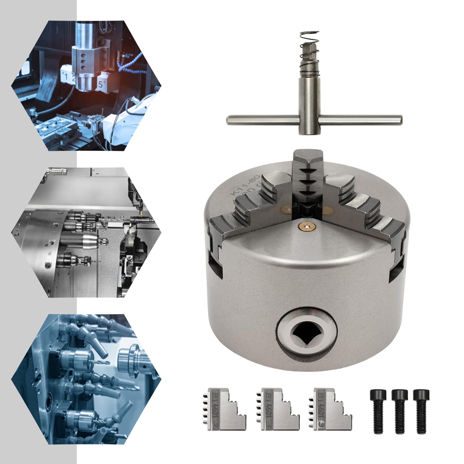 Mandril autocentrado de 3 mordazas, plateado, hierro + acero, rango de sujeción de 2 a 22 mm, rango de sujeción de 25-70 mm, con llave de mandril + mandíbulas, para tornos y CNC