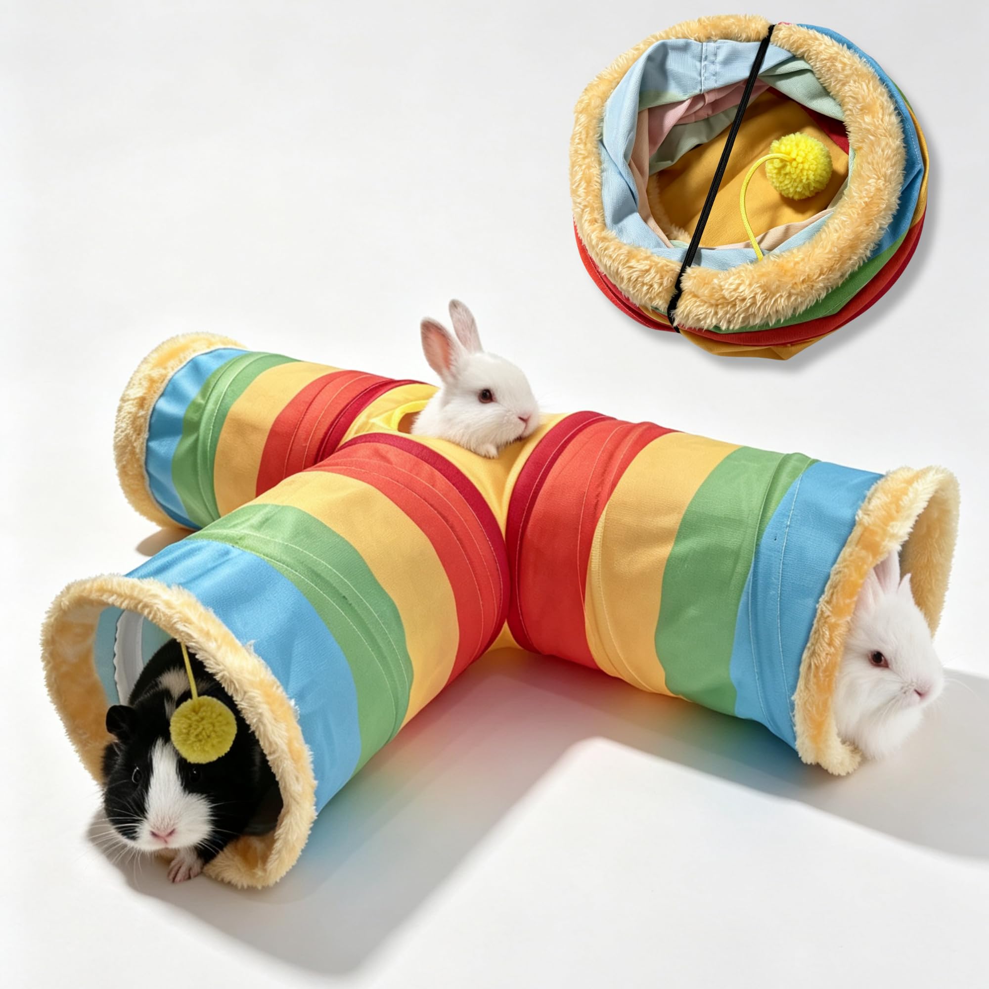 JanYoo Bunny Tunnel Rabbit Guinea Pig Toys Tunnels 3 Way Hideout Play Tunnel Tube for Small Pets Guinea Pigs Rat (Rainbow)