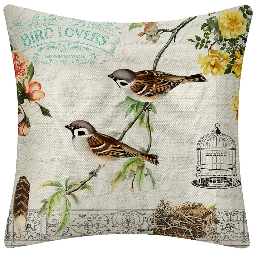 Set Di 2 Federe Per Cuscini 45x45 Cm Con Uccelli Primaverili - In Lino, Decorazione Rustica Per Divano E Esterni - 2