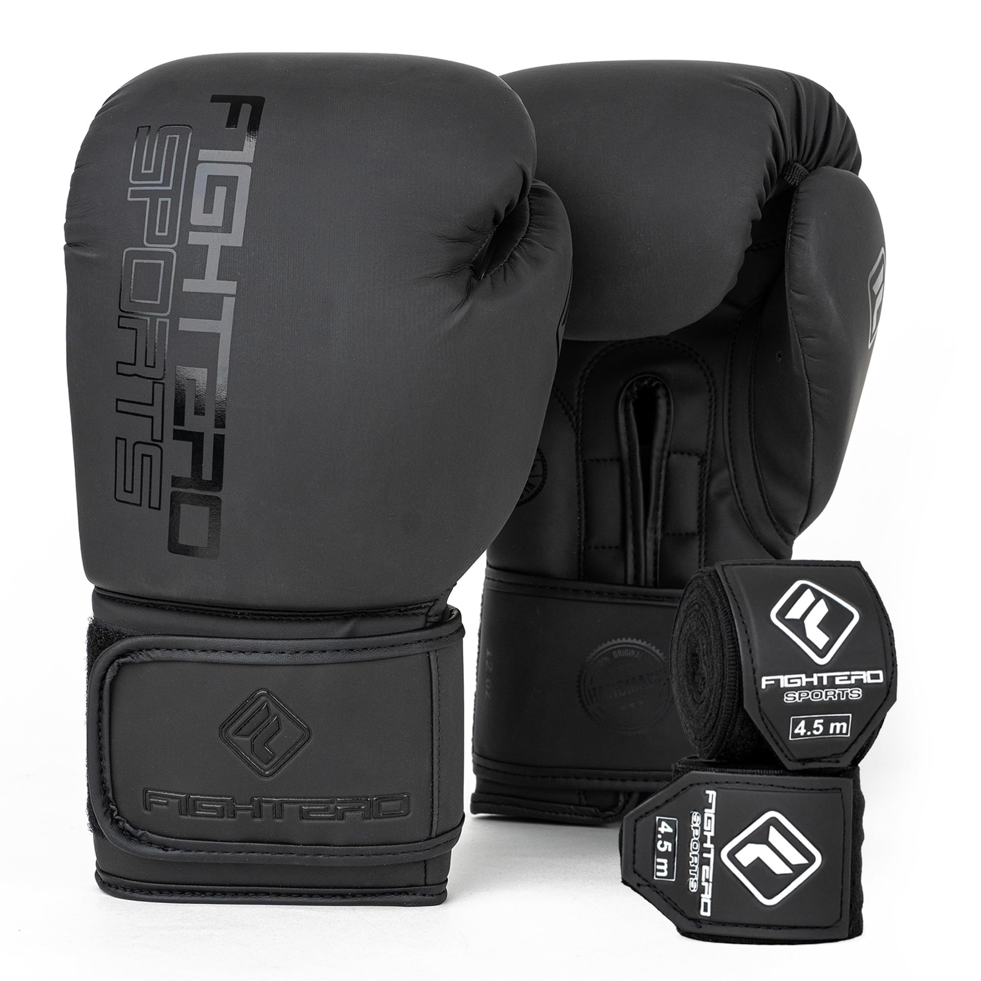Boxhandschuhe FIGHTERO schwarz matt mit kostenlosen Bandagen und Tasche – Profi Boxhandschuh Set für Training, Kickboxen, Muay Thai & MMA – atmungsaktiv, ergonomisch & robust – 8 oz - 16 oz