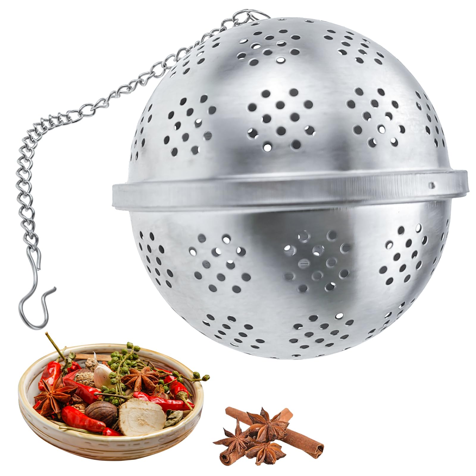 Spice Ball Extra Large for Cooking, Tea Infuser, Stainless Steel Tea Ball Strainer Spice Infuser, Soup Seasonings Seperation Basket with Extended Chain Hook for Brewing Tea Spices Seasonings