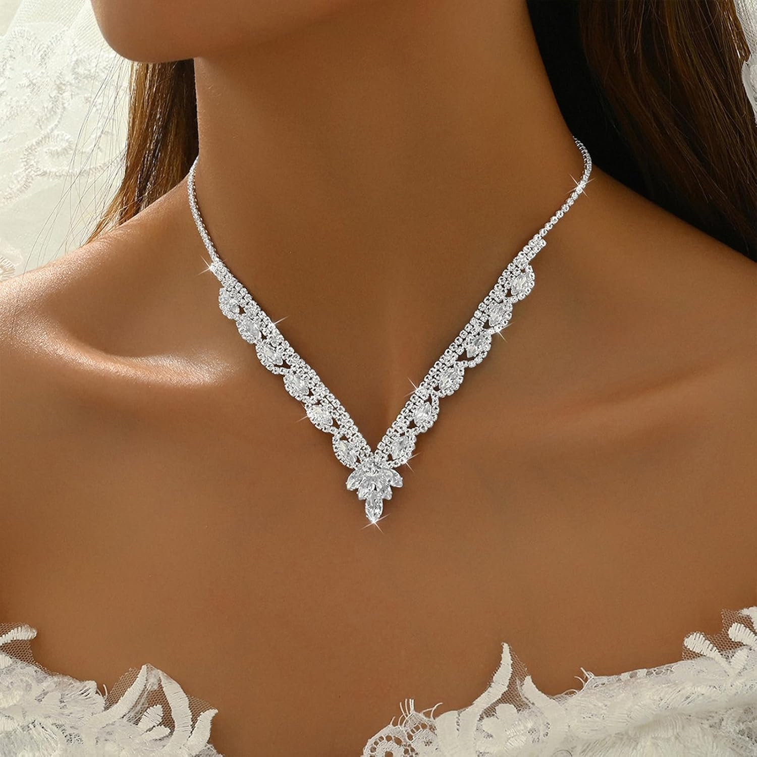 Shining Rhinestone Flower Jewelry Set for Women,Dainty Crystal Statement Dangle Earrings Necklace Sparkly Wedding Bride Bridesmaid Jewelry Gifts - Image 4