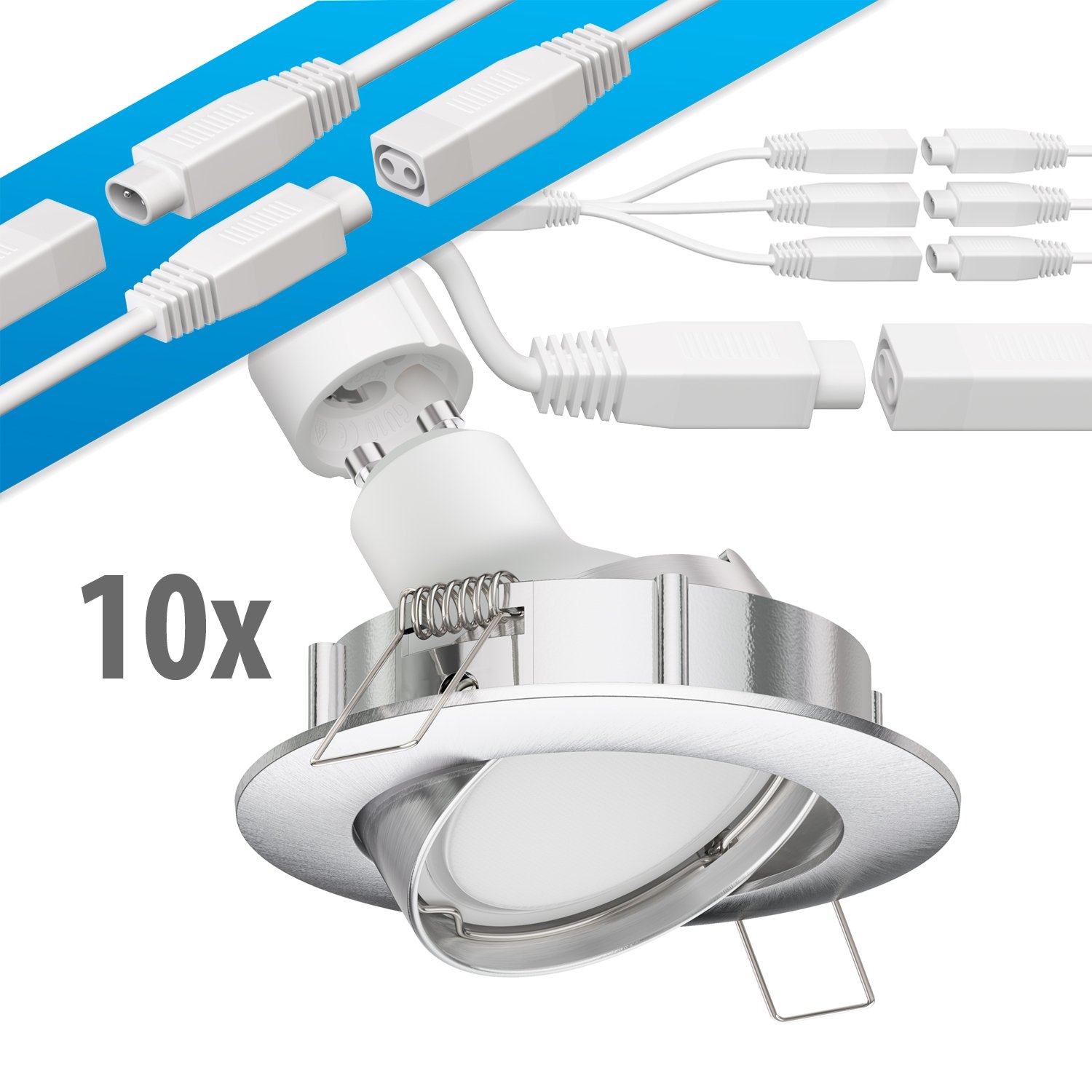 ledscom.de Reflektor wpuszczany LED DEX chrom matowy obrotowy GU49,14W każdy 450lm ciepłobiały okrągły 84mm Ø krąg śrubowy ok. 72-80mm Ø Zestaw 10 szt.