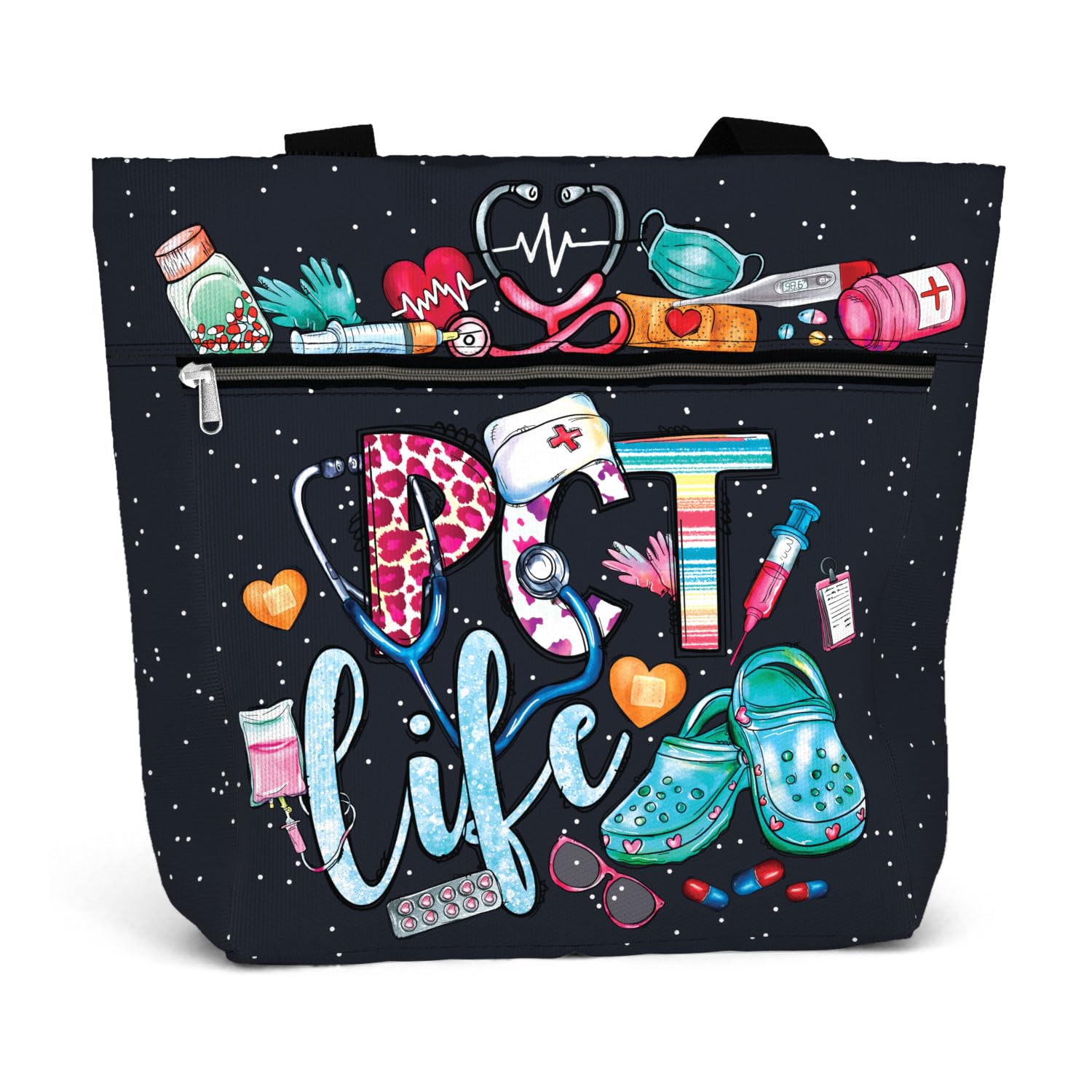 84hoods Large Waterproof Tote Bag with Pockets and Zipper for Work. Gift for Nurse. Shoulder Bag for Women.