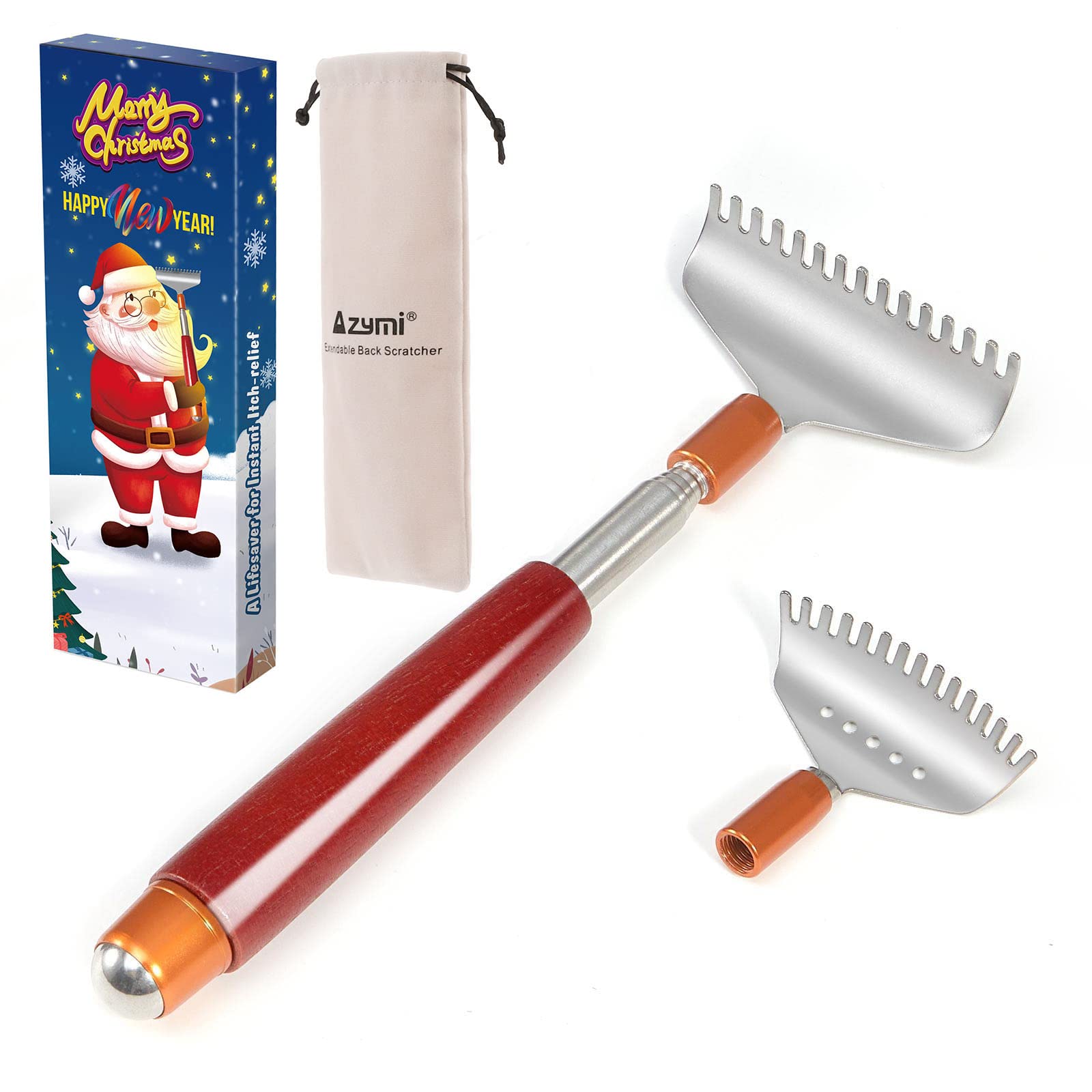 Azymi Back Scratcher with 2Pcs Detachable Heads, Large Body Backscratchers Extendable for Women Men with Gift Box & Bag, Wood Handle & Massage Roller & Wide Claws