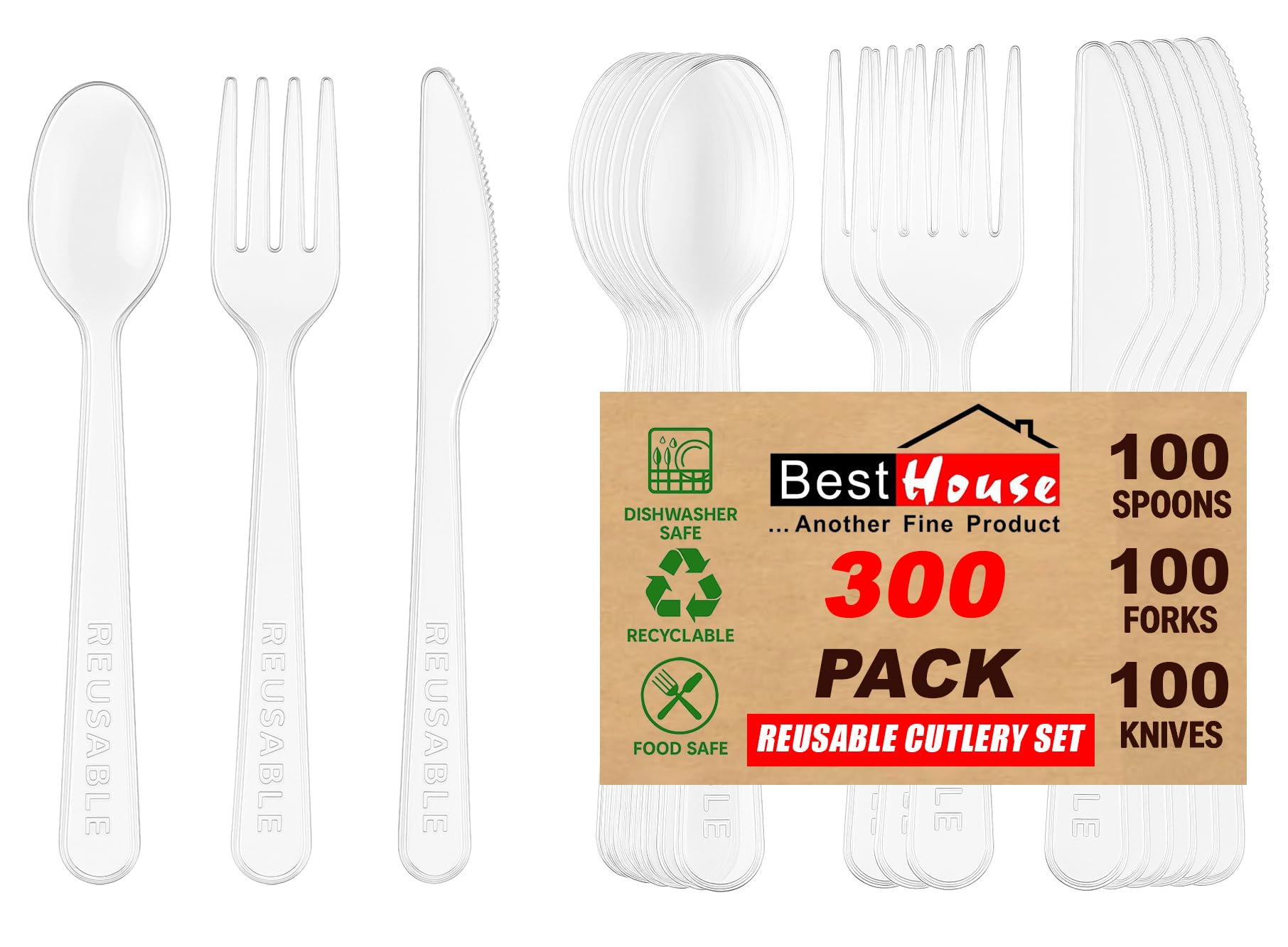 Best House | Reusable Plastic Cutlery Set | 300 Pcs (100 Spoons, 100 Forks, 100 Knives) | Heavy Duty | Clear Mix Cutlery Set for Birthday, Parties, Picnics, BBQ's, Camping, and Everyday Use