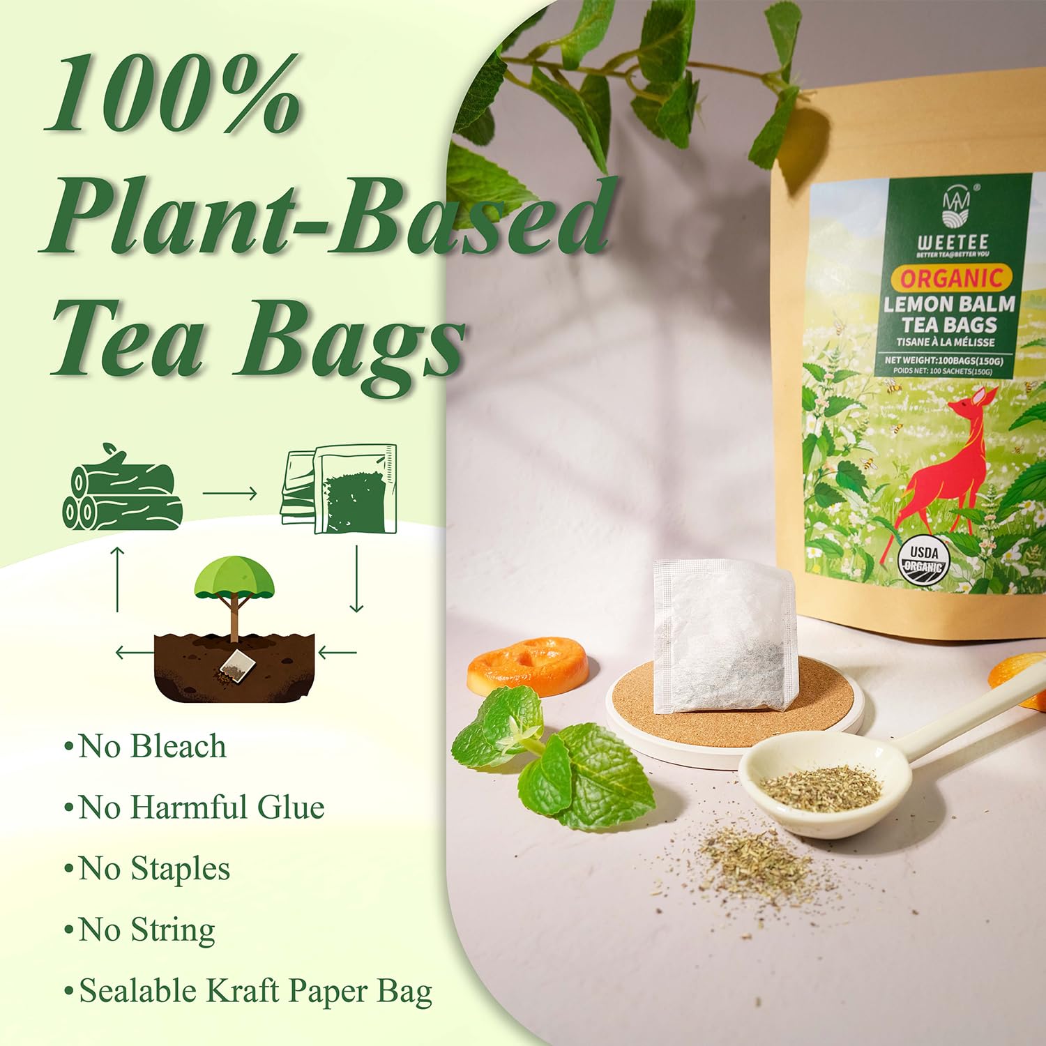 WT WEETEE Organic Lemon Balm Tea Bags 100 Counts, Pure Herbal Tea for Daily Reset, Caffeine-Free & Clean Taste