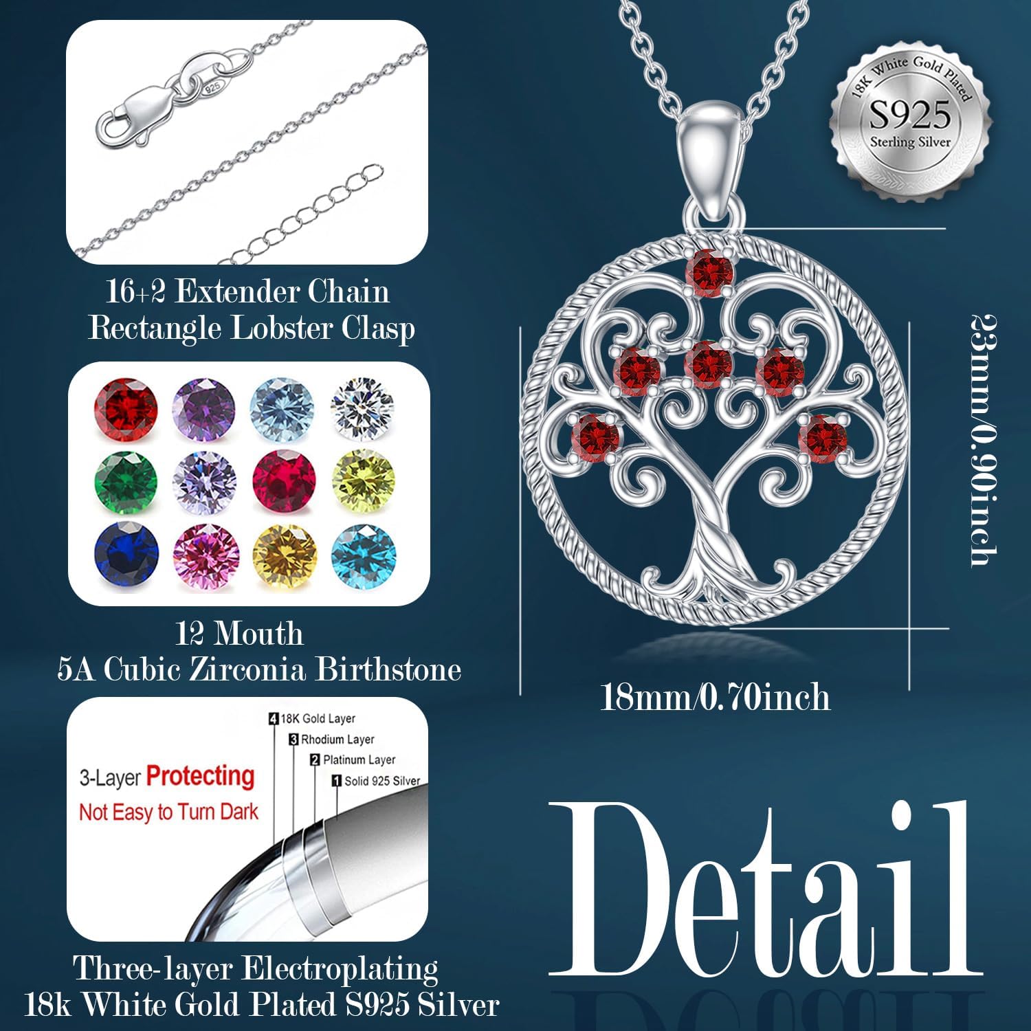 Tree of Life Birthstone Necklace Gift for Mothers Day 925 Sterling Silver Filigree Heart Mother Pendant Necklaces Family Jewelry for Women Mom Her Birthday Anniversary - Image 5