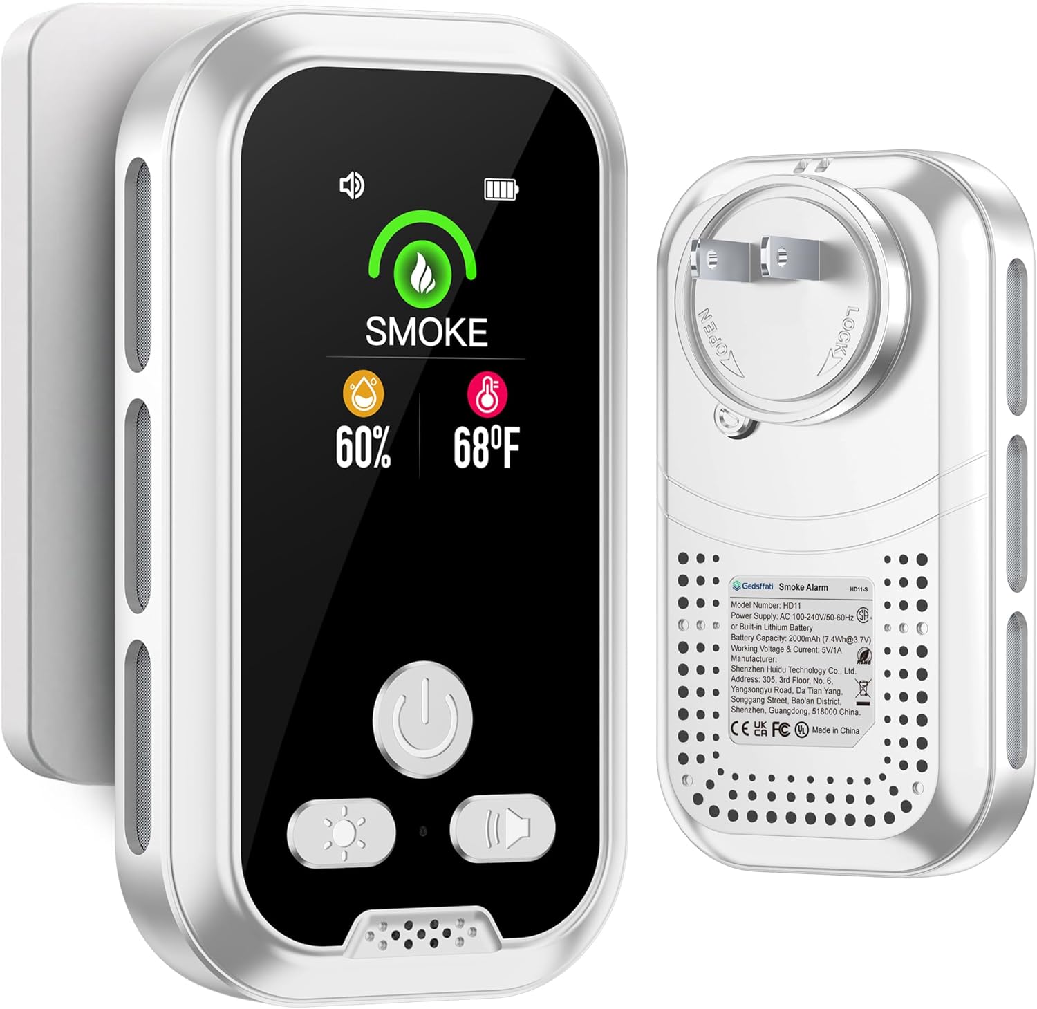 3in1 Plug in Smoke Detector Alarm Builti-in 2000mAh 10-Day Backup Battery with 2.1” HD Screen [Smoke Temp Humidity Sensor] for Home Hotel Room Indoor/Outdoor Travel RV (White Silver)