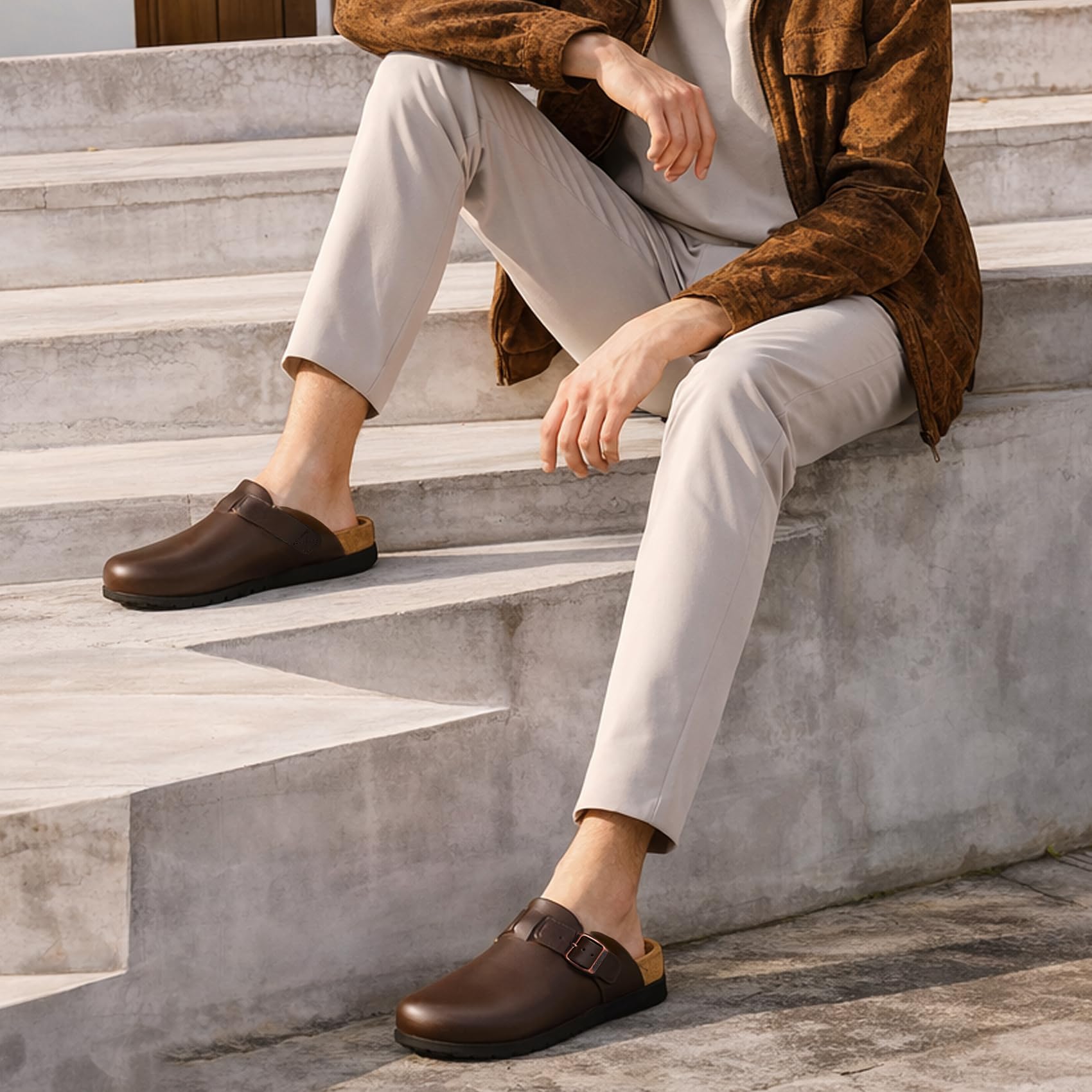 FITORY Herren Leder Clogs mit Fußgewölbeunterstützung, Comfort Slip auf Mules Kork Fußbett Kartoffelschuhe, Größe 40-47
