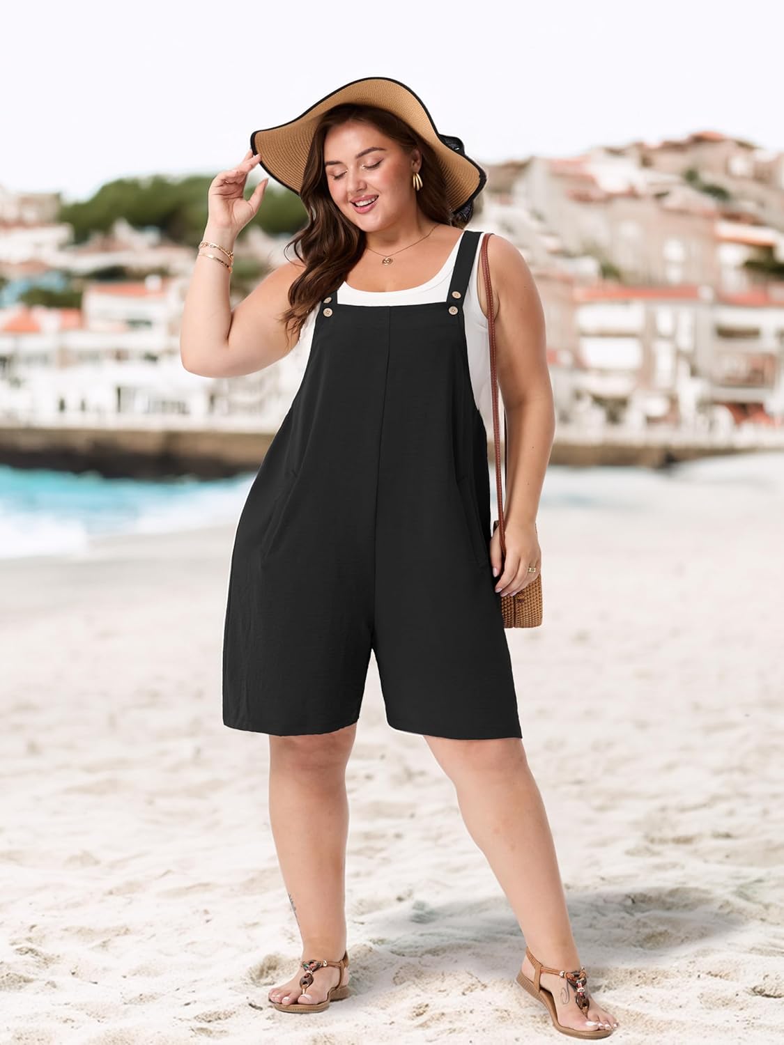 OLRIK Plus Size Rompers for Curvy Women - Comfy Summer Overalls Adjustable Straps & Pockets, Lightweight Short Jumpsuit - Image 3