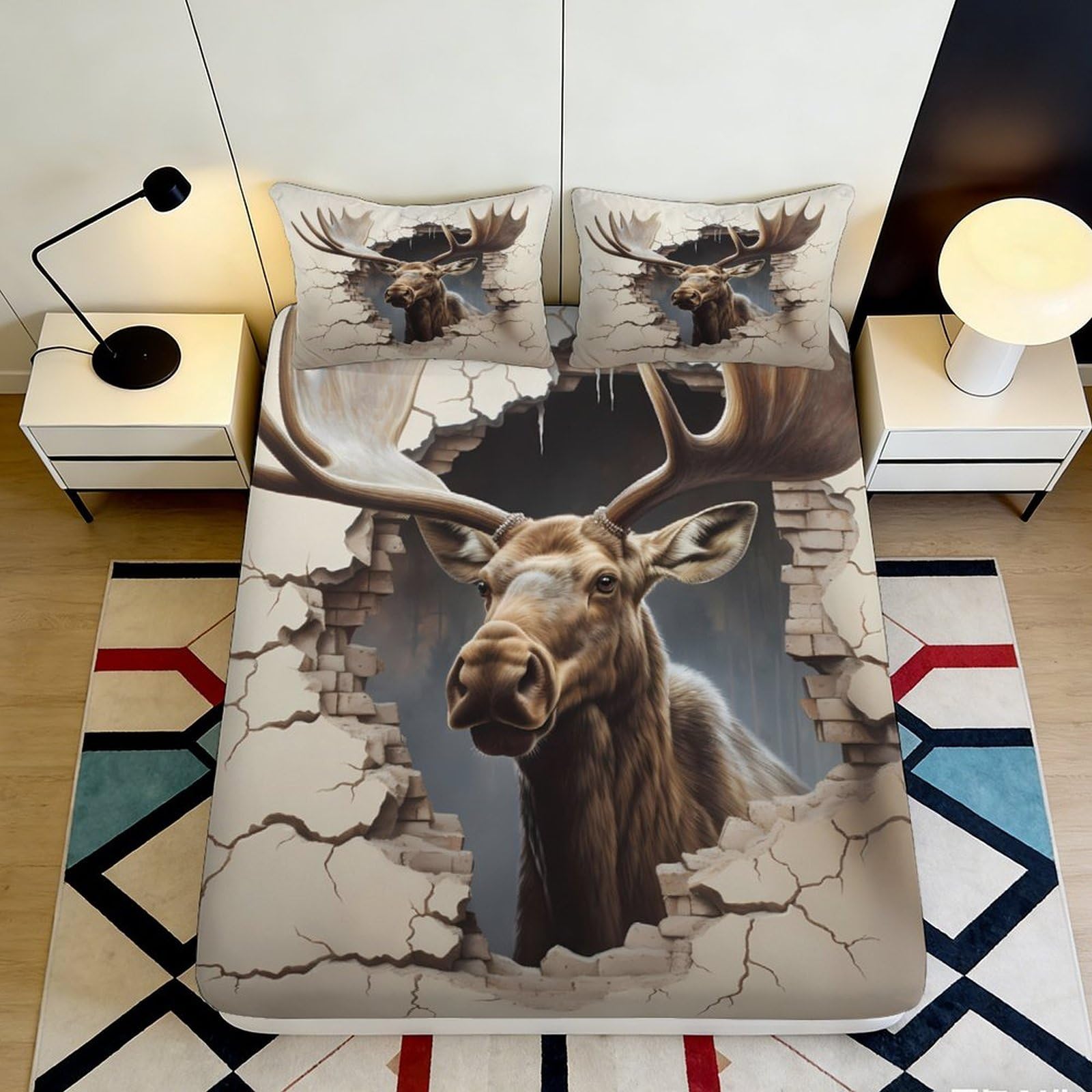 3D Printed Elk Antler Fitted Sheet Microfiber Soft Breathable Rustic Deer Head Bed Cover for Bedroom Dorm Apartment Decor 90x200x25cm