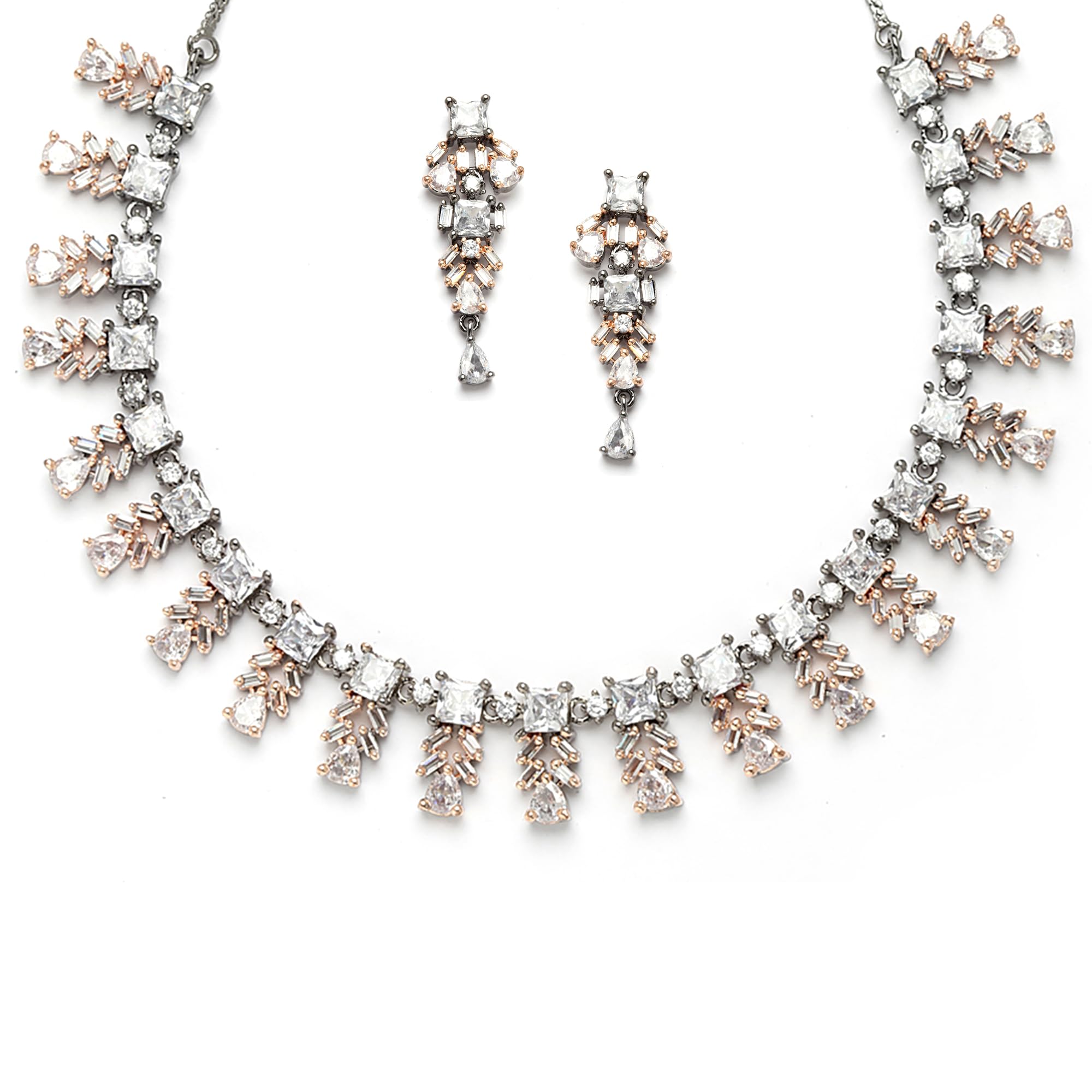 ZENEME Women Plated Leaf Shaped American Diamond Studded Jewellery Set