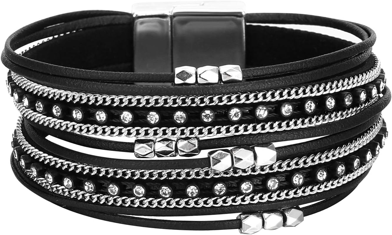 Women's Boho Leather Wrap Bracelet - Multi-Layer With Leopard Print, Gold Beads & Magnetic Clasp-545780
