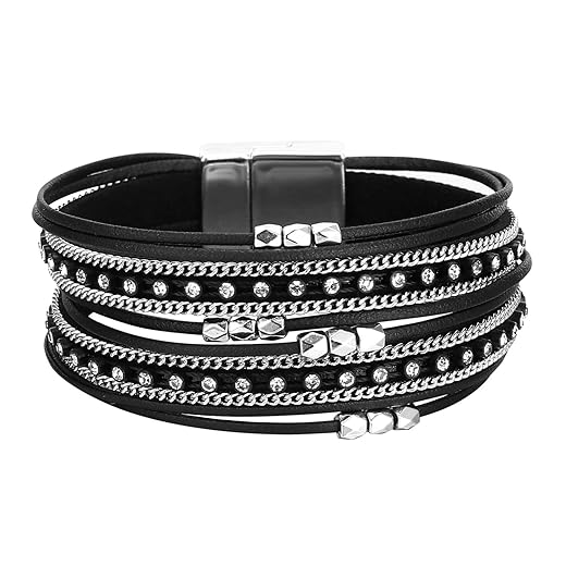 Fesciory Leather Wrap Bracelets for Women, Boho Leopard Multi-Layer Crystal Beads Cuff Bracelet Jewelry