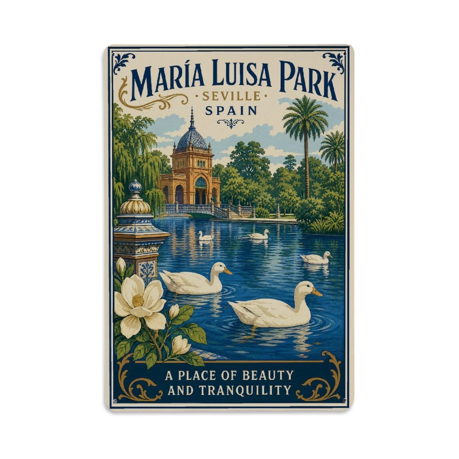 Vintage Maria Luisa Park Pond Ducks Peaceful Spain Metal Tin Sign